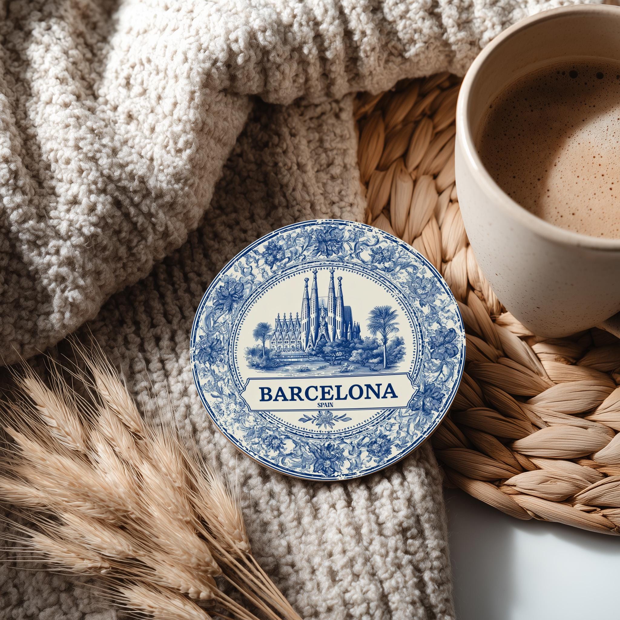 Barcelona Spain Delftware Ceramic Coaster, Blue White Travel Gift, Vintage Home Decor Collectible - CuteBeePix