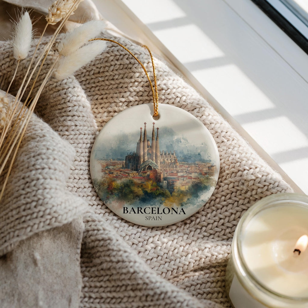 Barcelona Spain Personalized Watercolor Ornament, Custom Ceramic Christmas gift, Travel Keepsake - CuteBeePix