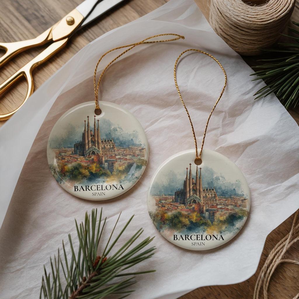 Barcelona Spain Personalized Watercolor Ornament, Custom Ceramic Christmas gift, Travel Keepsake - CuteBeePix