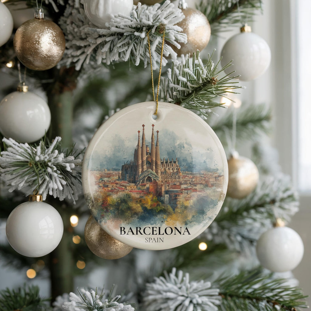 Barcelona Spain Personalized Watercolor Ornament, Custom Ceramic Christmas gift, Travel Keepsake - CuteBeePix