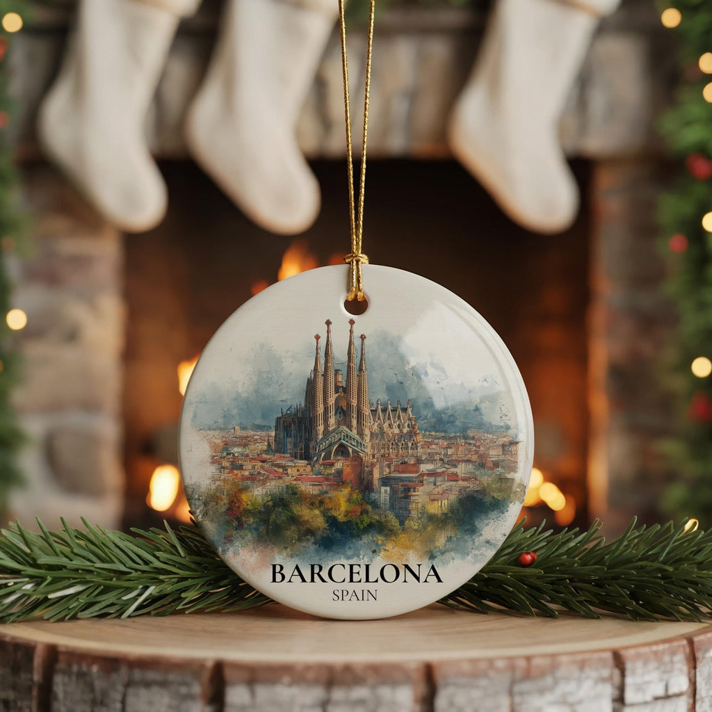 Barcelona Spain Personalized Watercolor Ornament, Custom Ceramic Christmas gift, Travel Keepsake - CuteBeePix