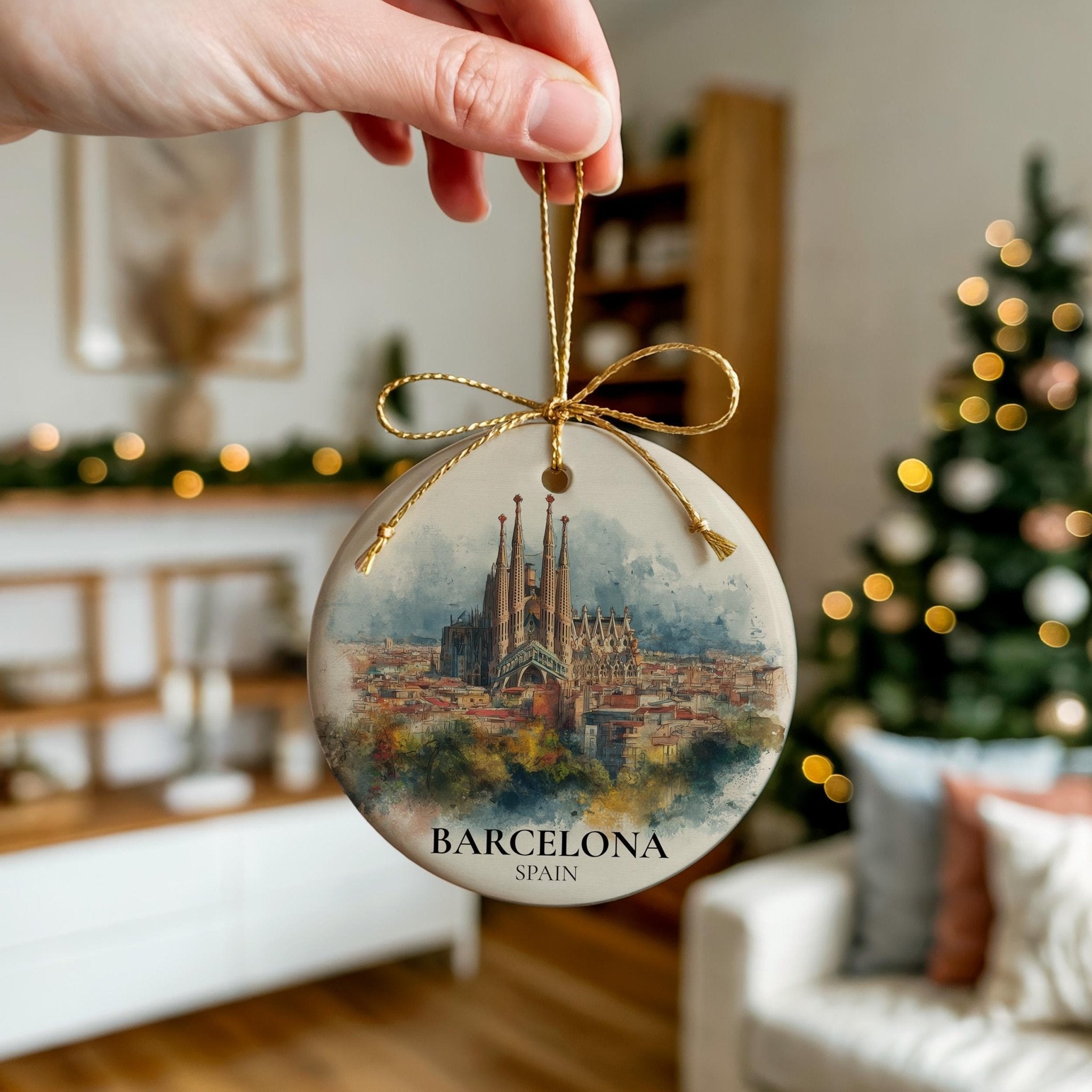 Barcelona Spain Personalized Watercolor Ornament, Custom Ceramic Christmas gift, Travel Keepsake - CuteBeePix