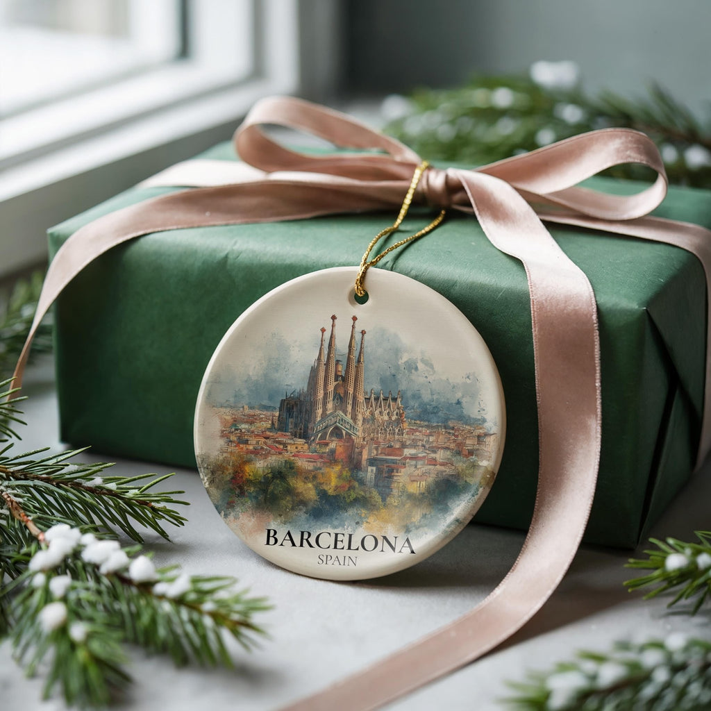 Barcelona Spain Personalized Watercolor Ornament, Custom Ceramic Christmas gift, Travel Keepsake - CuteBeePix