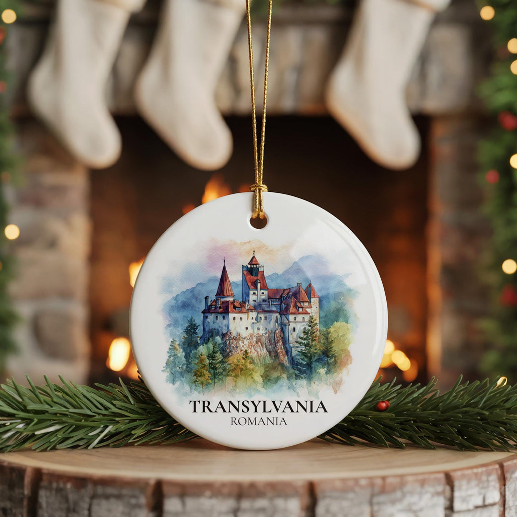 Transylvania Romania Personalized Watercolor Ornament, Custom Ceramic Christmas gift, Travel Keepsake