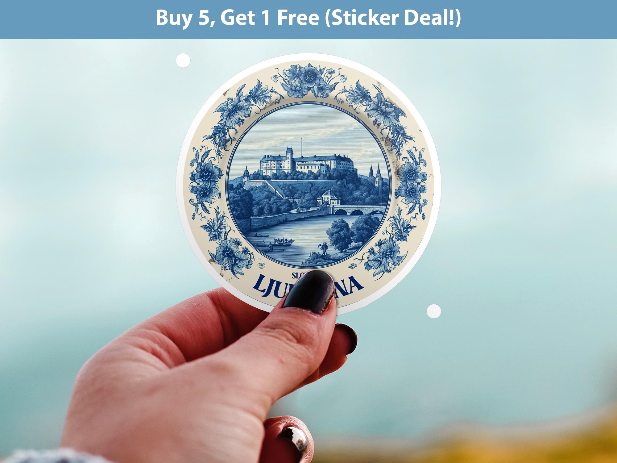 Ljubljana Slovenia Sticker Vintage Delft style, Delftware Decal Waterproof Vinyl, Blue City Travel