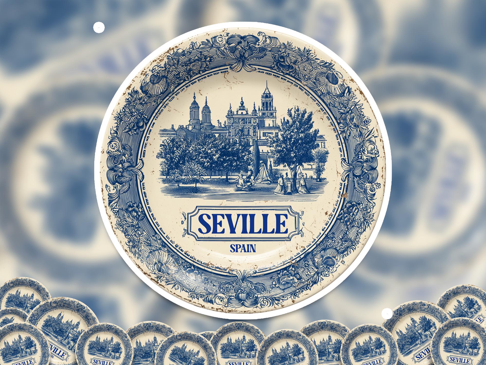 Seville Spain Sticker Vintage Delft style, Delftware Decal Waterproof Vinyl, Blue City Travel