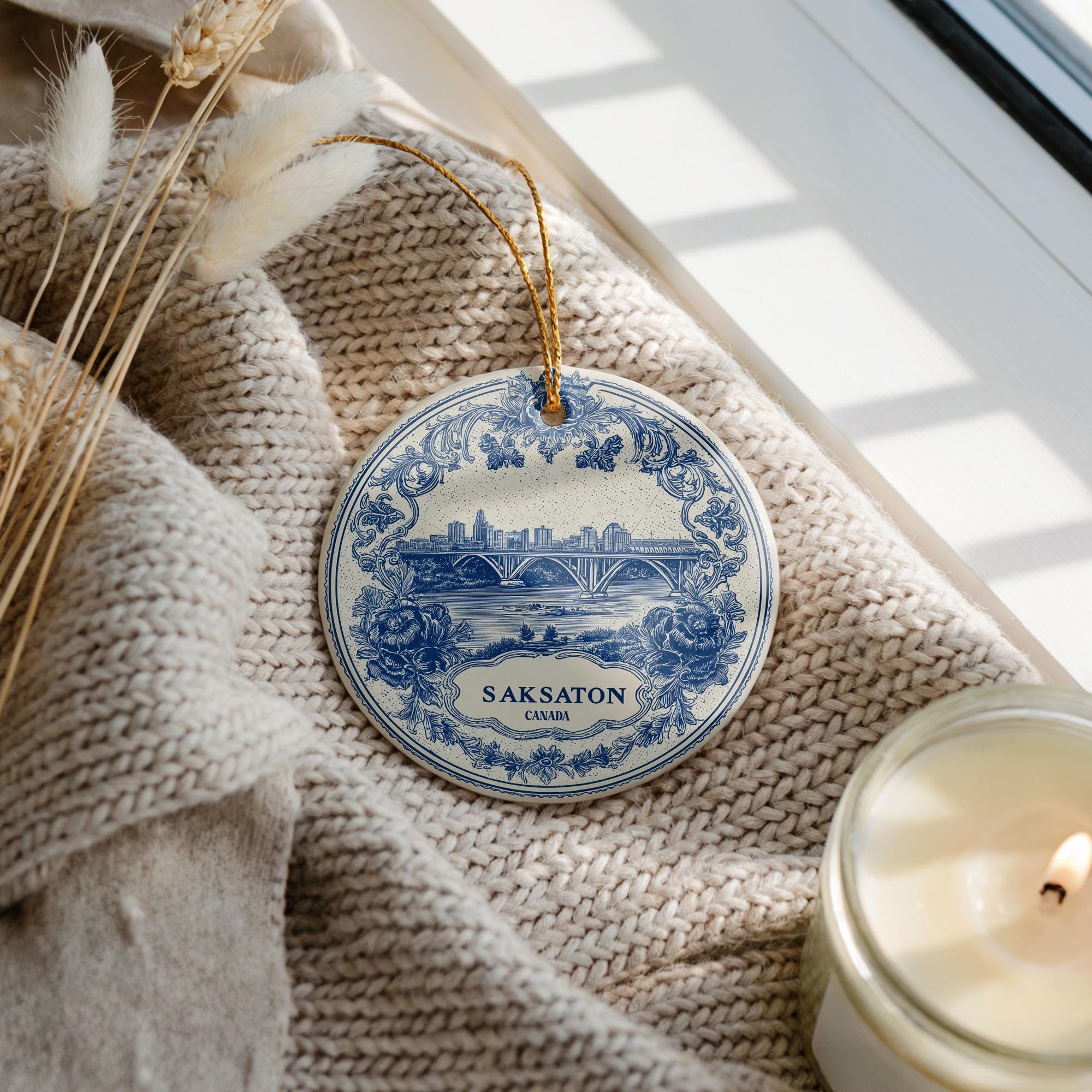Custom Saskatoon Canada Ceramic Delft Ornament, Christmas Delftware Blue Delftware city travel