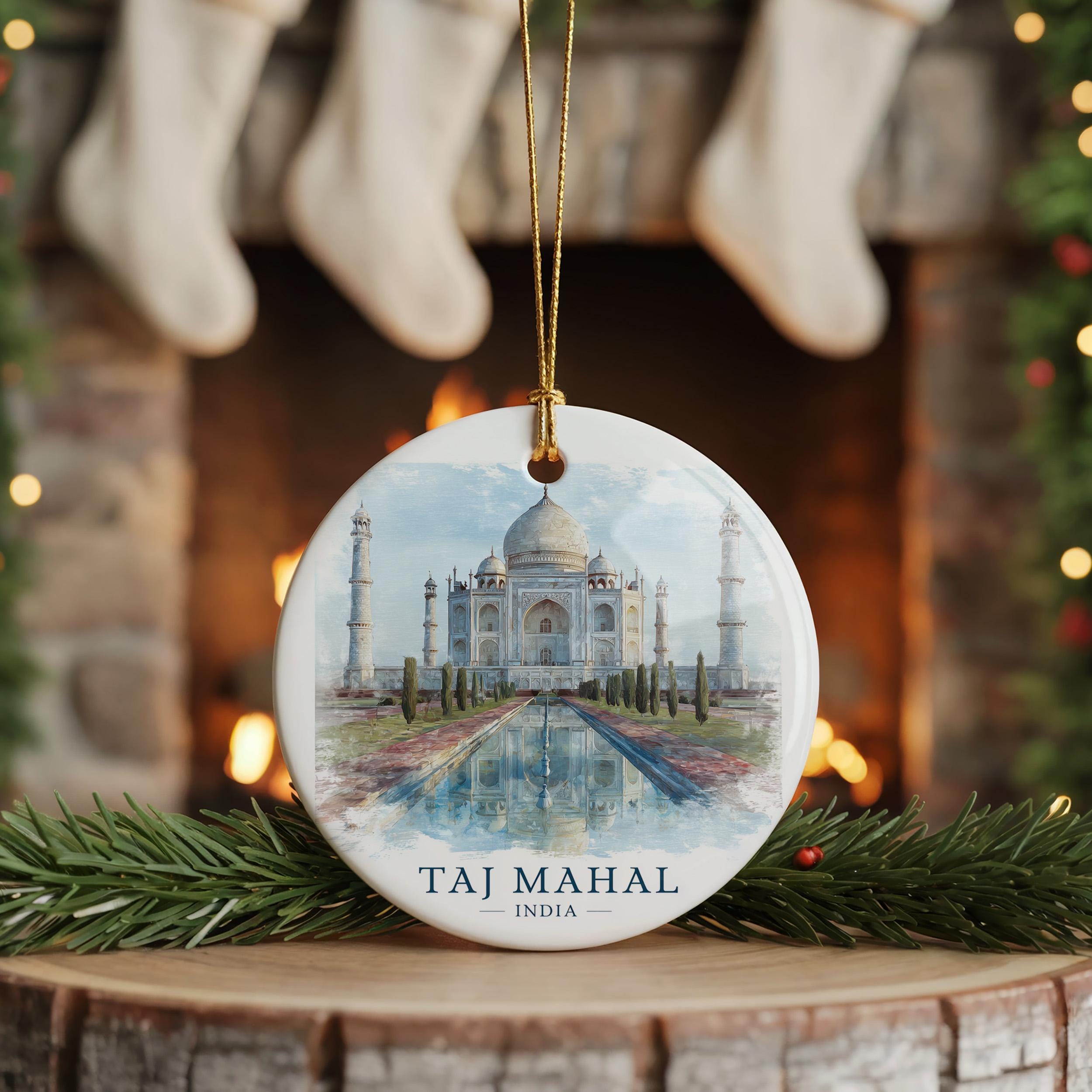 Taj Mahal India Personalized Watercolor Ornament, Custom Ceramic Christmas gift, Travel Keepsake