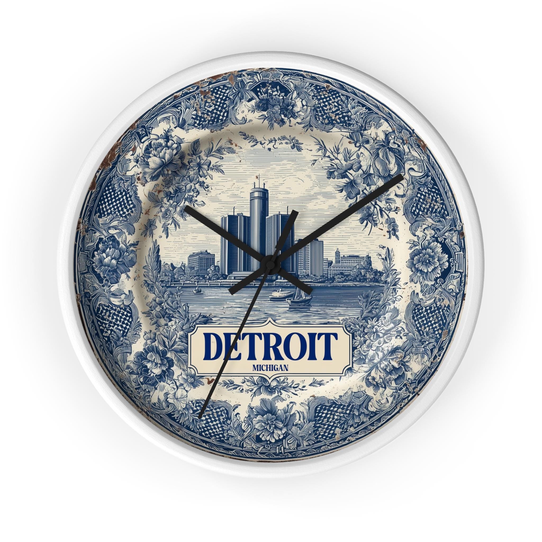 Detroit Michigan Wall Clock, Delf style Home Decor, Vintage City Travel Keepsake Art