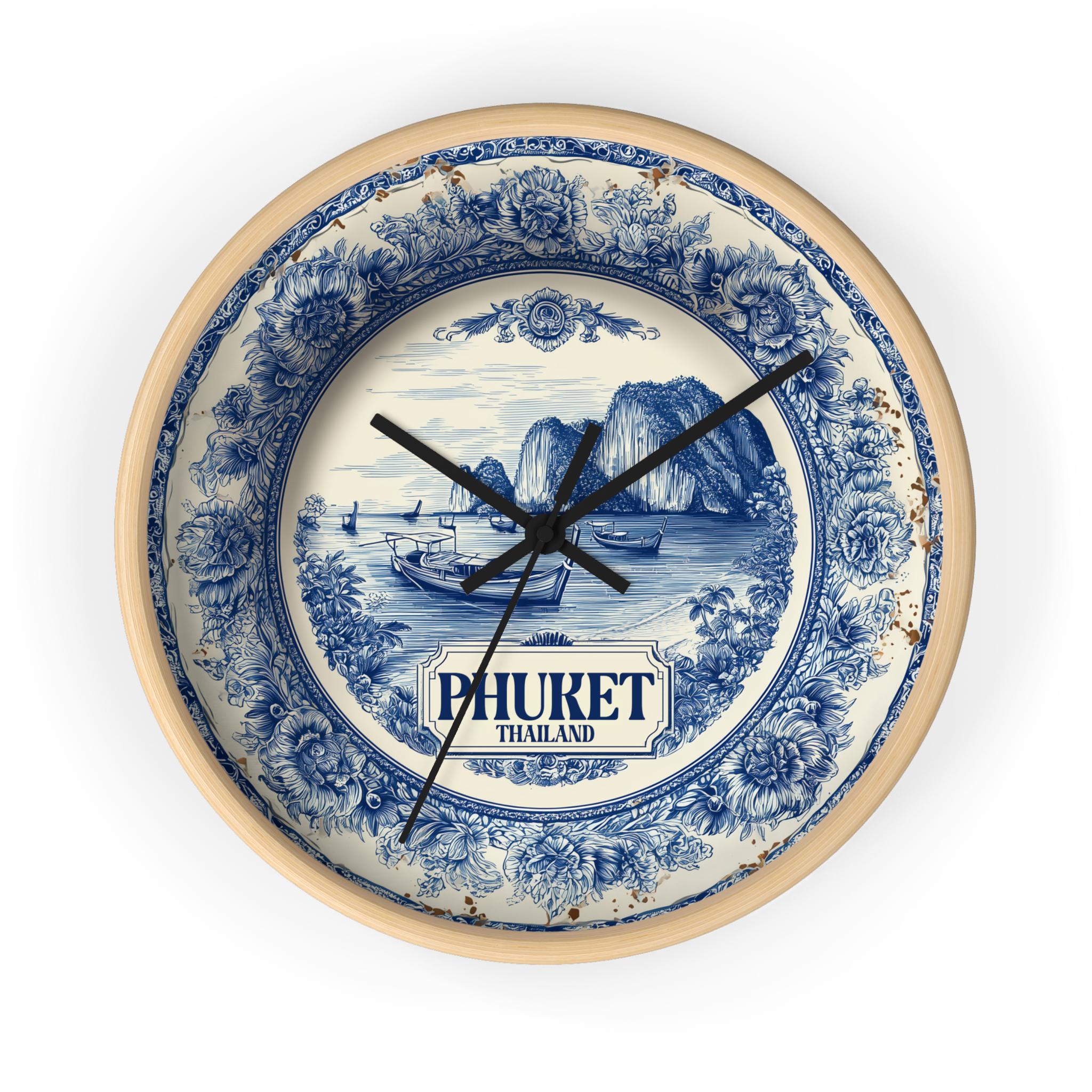 Phuket Thailand Wall Clock, Delf style Home Decor, Vintage City Travel Keepsake Art