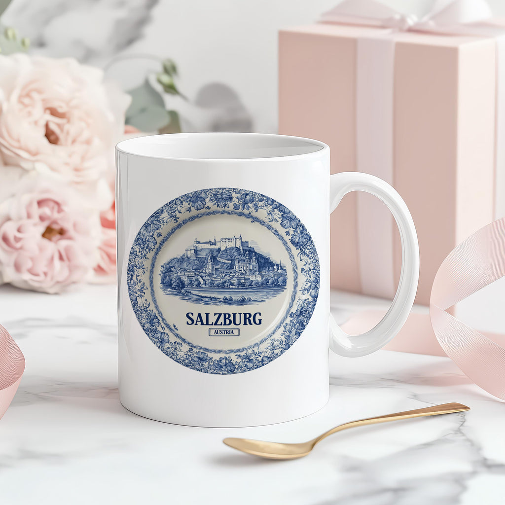Salzburg Austria Mug, Custom Delft Style cup, Personalized Vintage Travel City Gift
