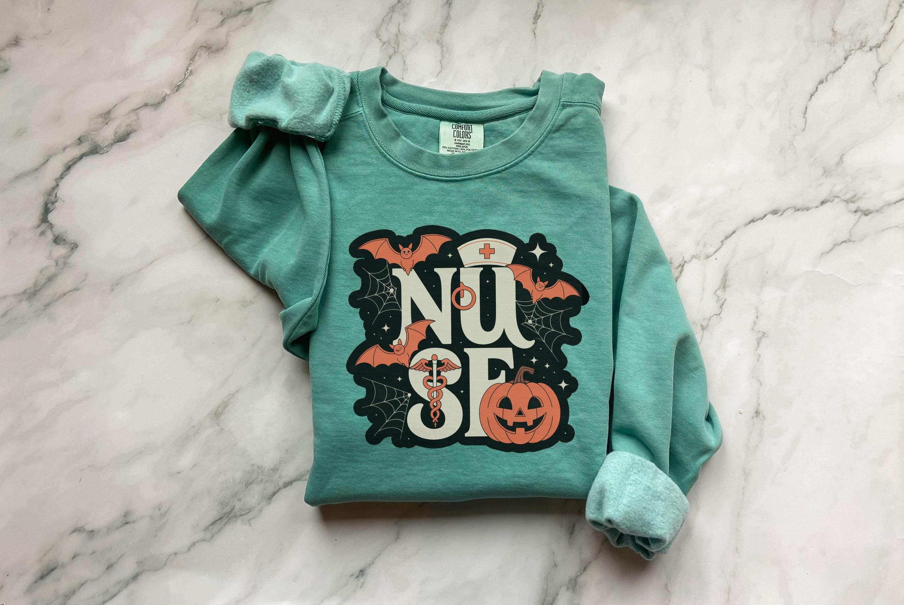 Halloween Nurse Comfort Colors Sweatshirt, Spooky RN Crewneck Pullover, Pumpkin Bat Ghost Print, Fall Nurse Gift Outfit