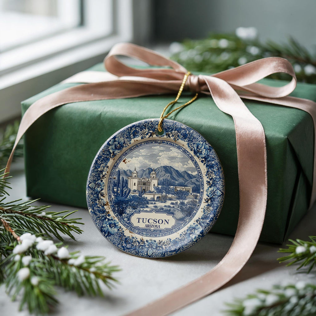 Custom Tucson Arizona Ceramic Delft Ornament, Christmas Delftware Blue Delftware city travel