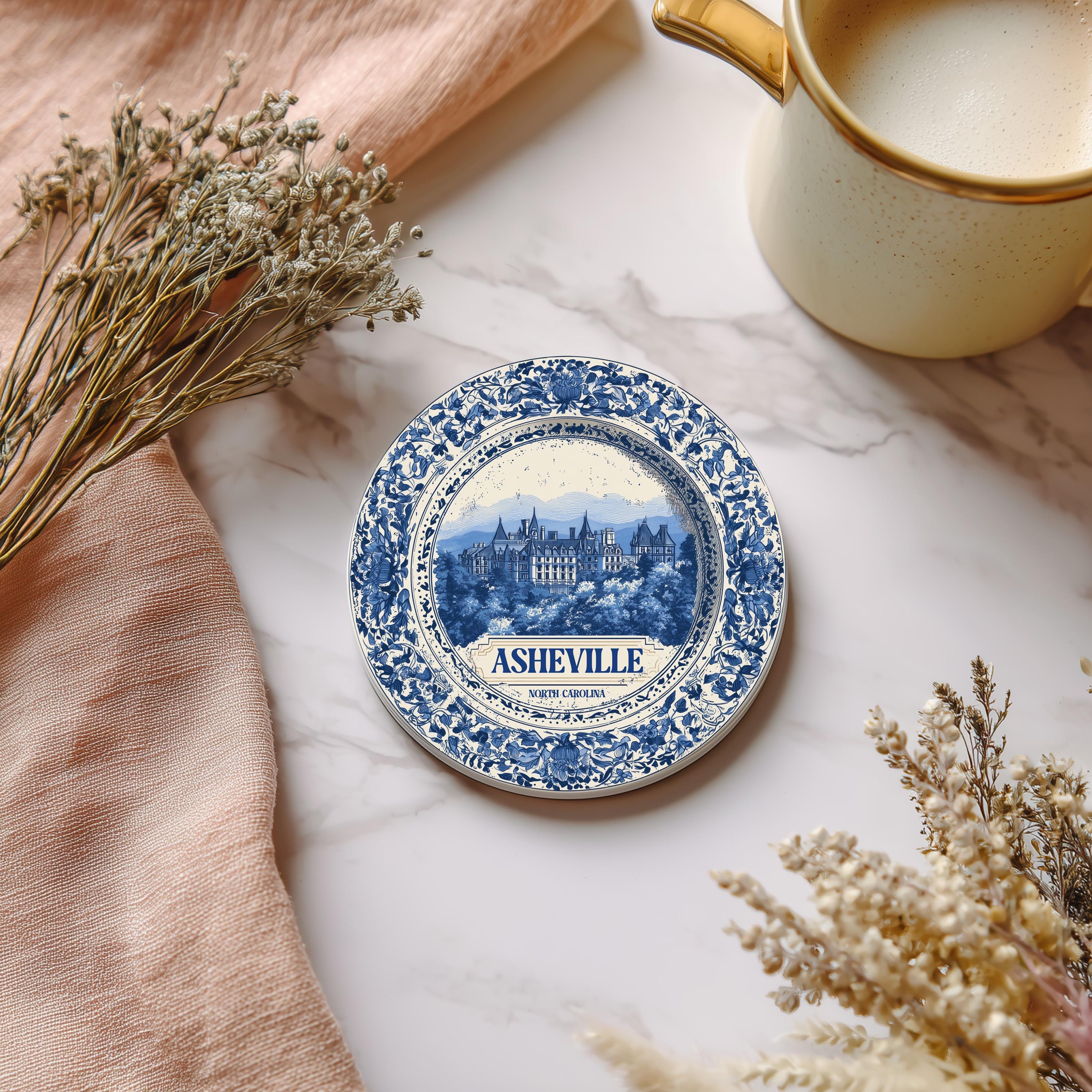 Asheville North Carolina Delftware Ceramic Coaster, Blue White Travel Gift, Vintage Home Decor