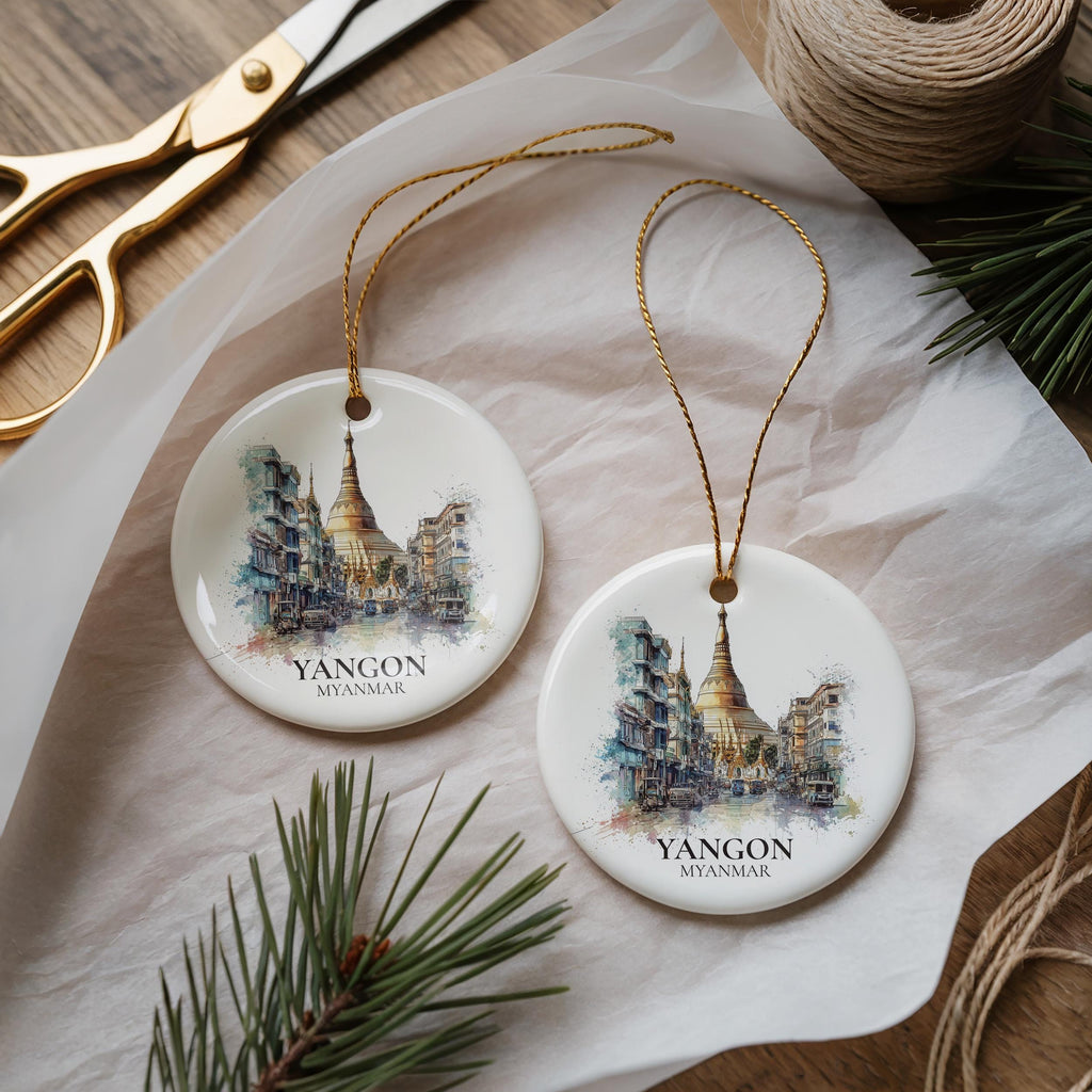 Yangon Myanmar Personalized Watercolor Ornament, Custom Ceramic Christmas gift, Travel Keepsake