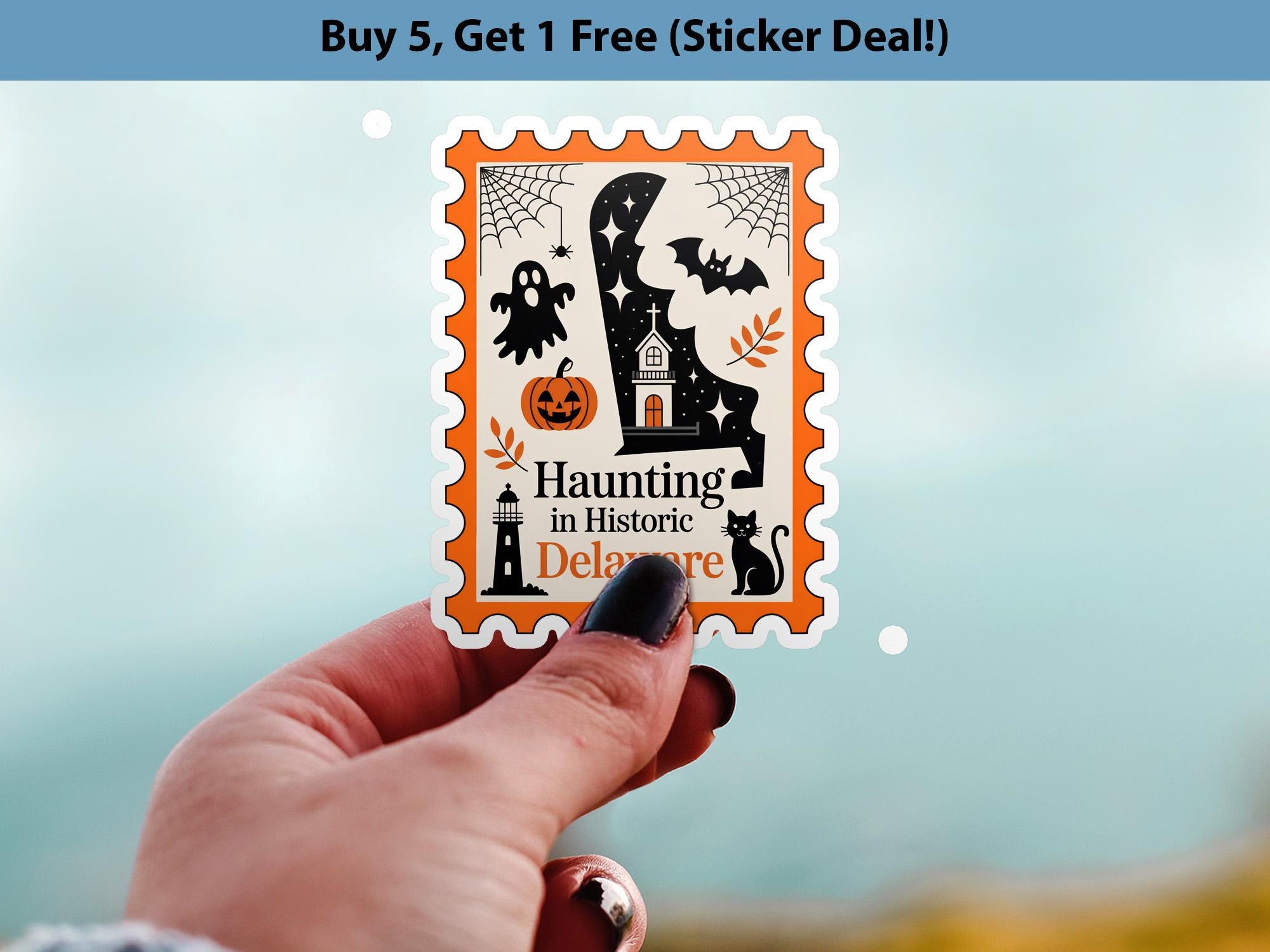 Delaware Stamp Halloween Sticker, Spooky USA Kiss-Cut Vinyl, Waterproof Decal, United States Travel