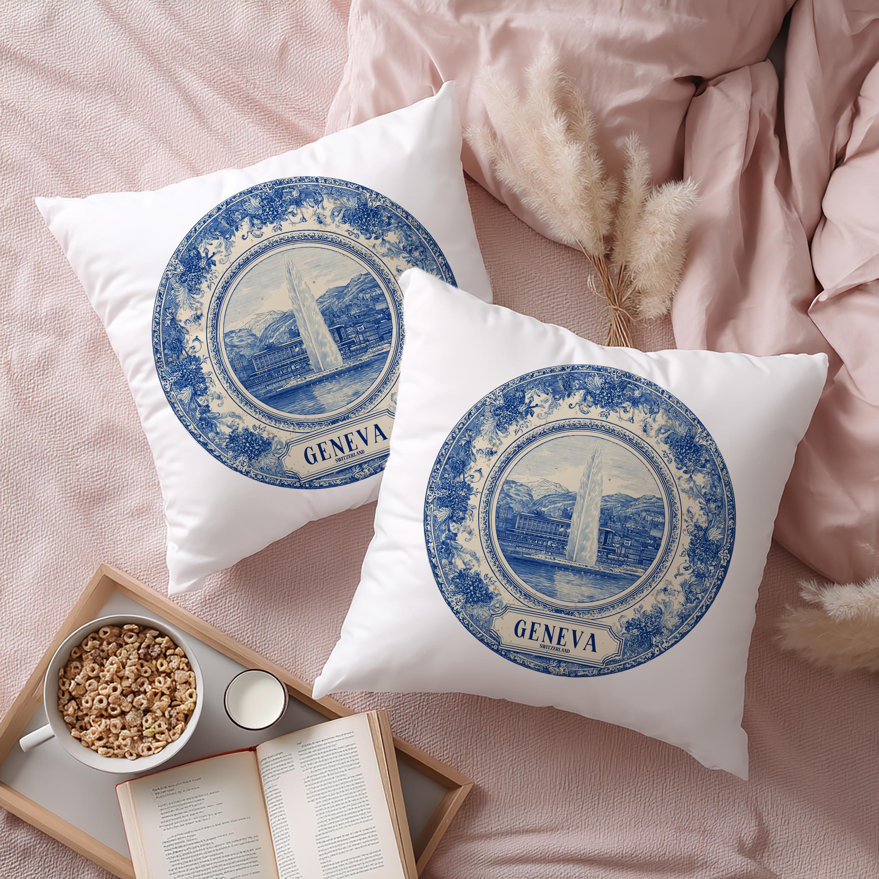 Geneva Switzerland Pillowcase, Delft Style Decorative Throw Pillow, Vintage Cityscape Retro Home Decor