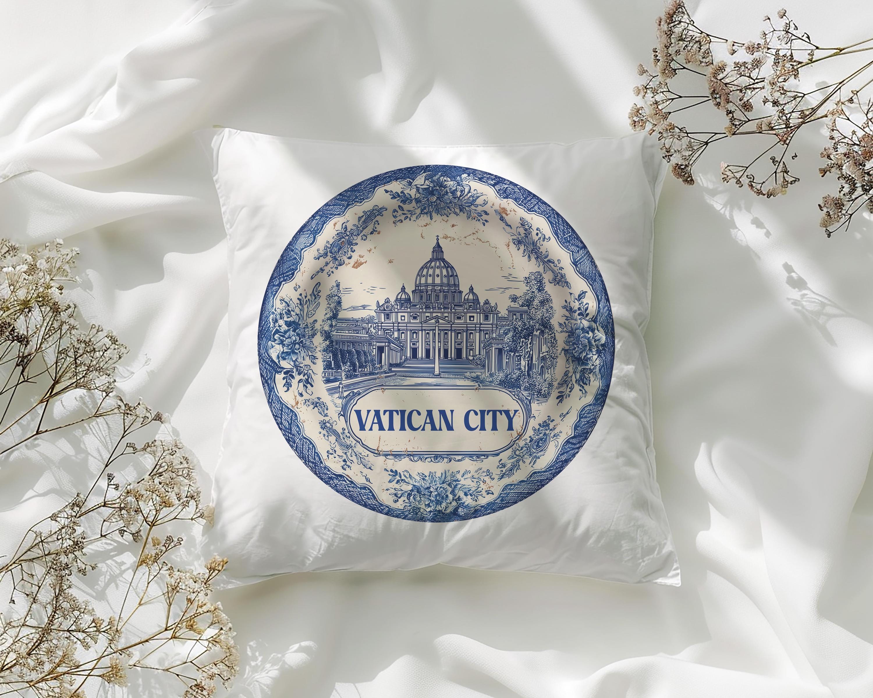 Vatican City Pillowcase, Delft Style Decorative Throw Pillow, Vintage Cityscape Retro Home Decor