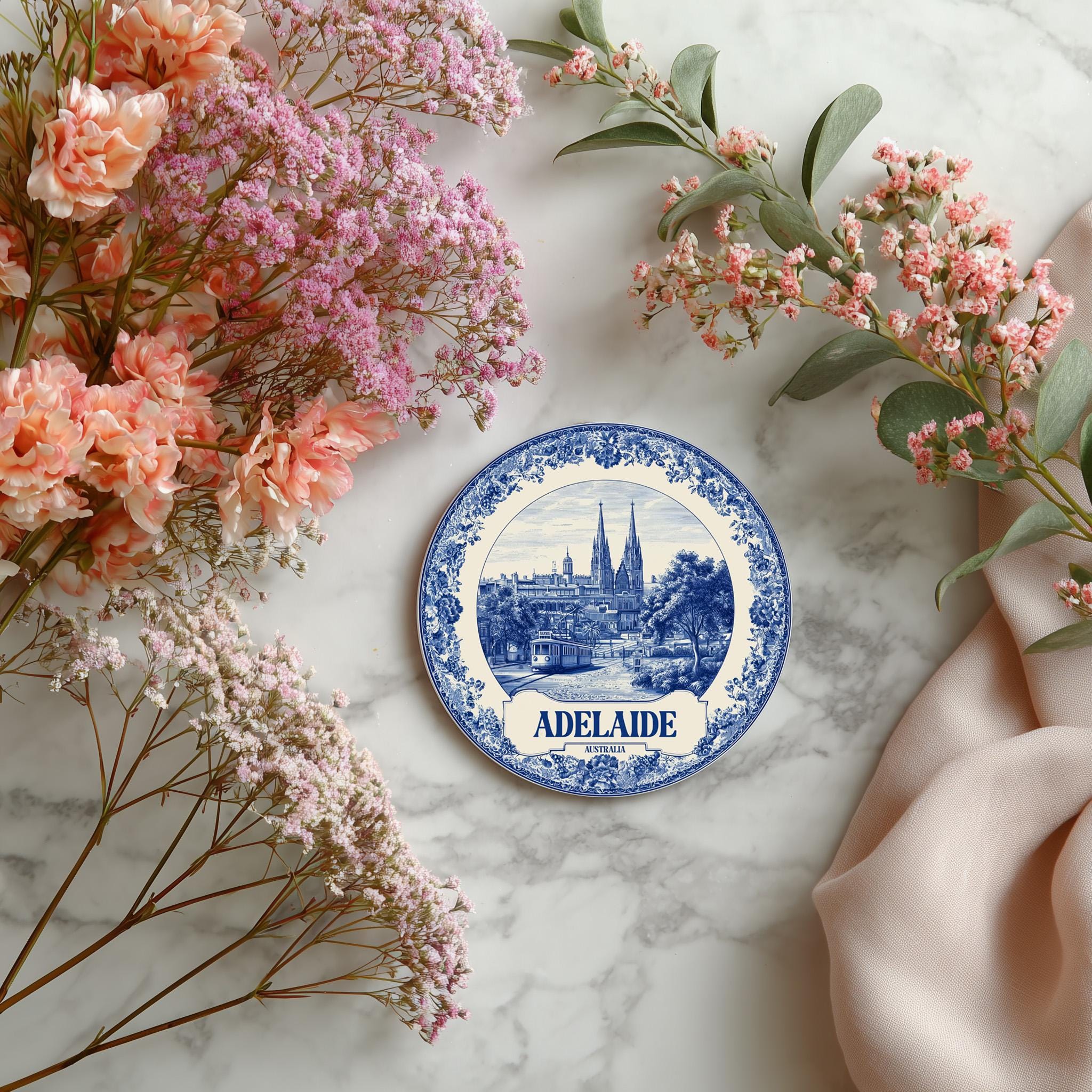 Adelaide Australia Delftware Ceramic Coaster, Blue White Travel Gift, Vintage Home Decor Collectible
