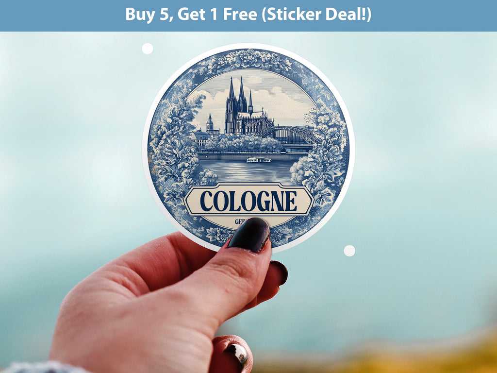 Cologne Germany Sticker Vintage Delft style, Delftware Decal Waterproof Vinyl, Blue City Travel
