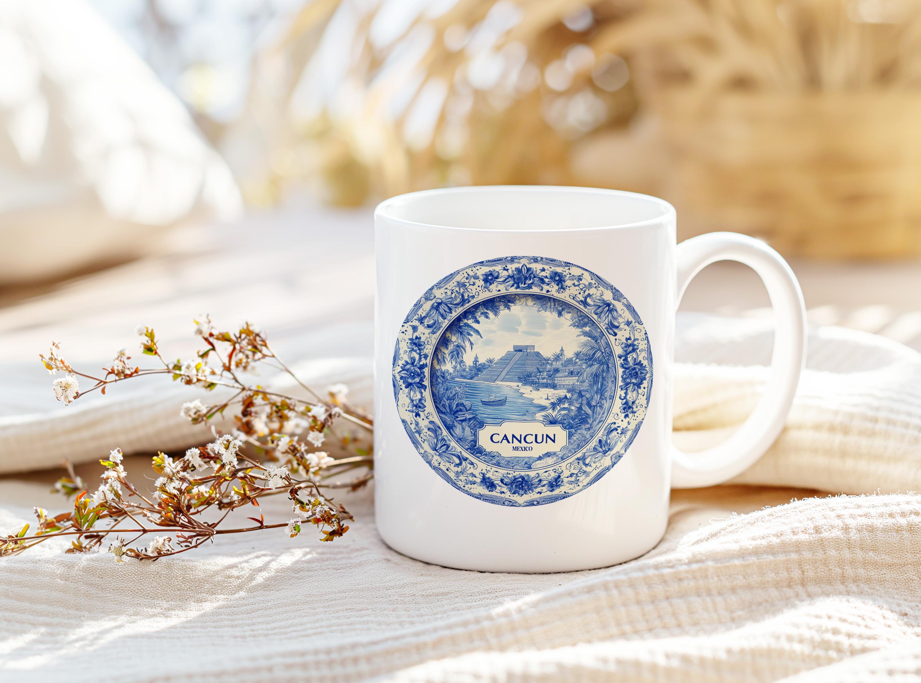 Cancun Mexico Mug, Custom Delft Style cup, Personalized Vintage Travel City Gift