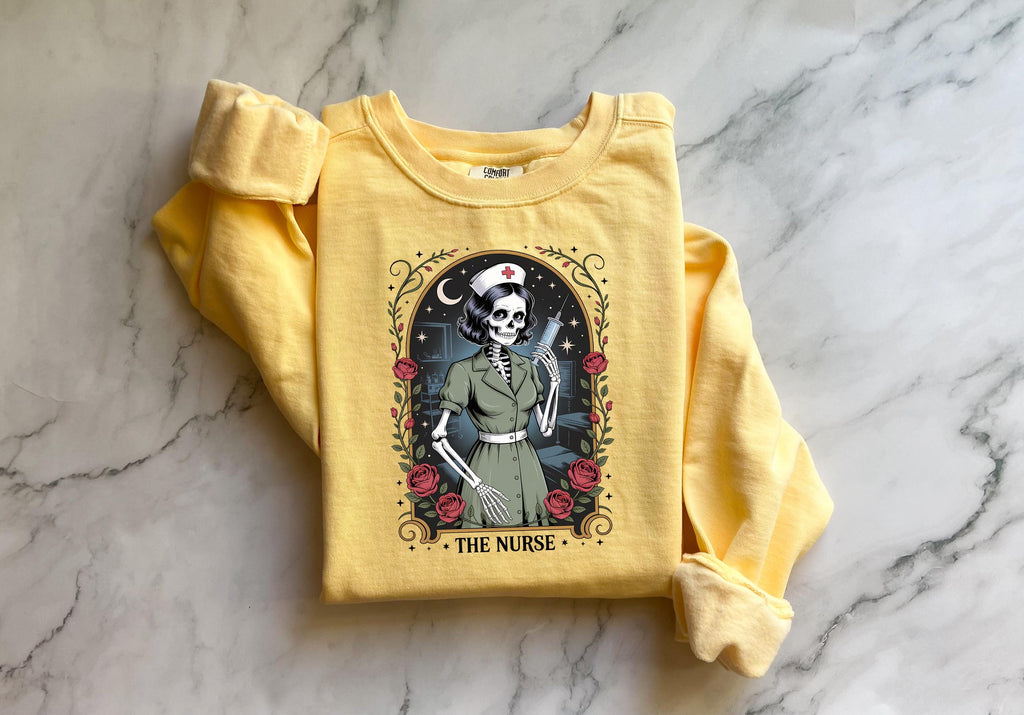 Gothic Nurse Halloween Sweatshirt, Spooky Tarot Card Skeleton RN Pullover, Retro Witchy Medical Apparel, Creepy Fall Top, Gift for Nurse