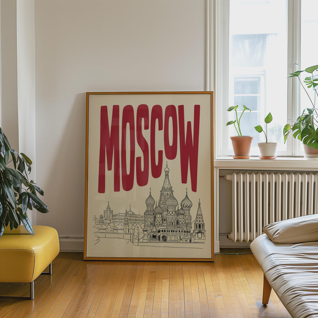 Moscow Skyline Wall Art, Framed Canvas Print, Retro Travel Poster Decor