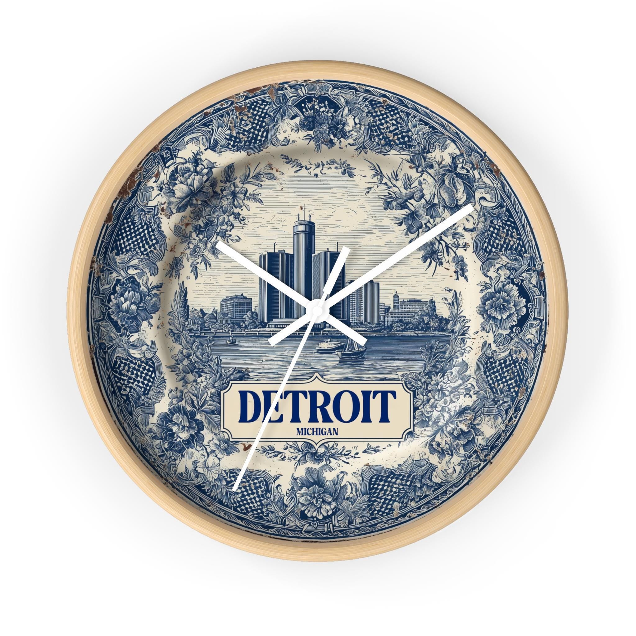 Detroit Michigan Wall Clock, Delf style Home Decor, Vintage City Travel Keepsake Art