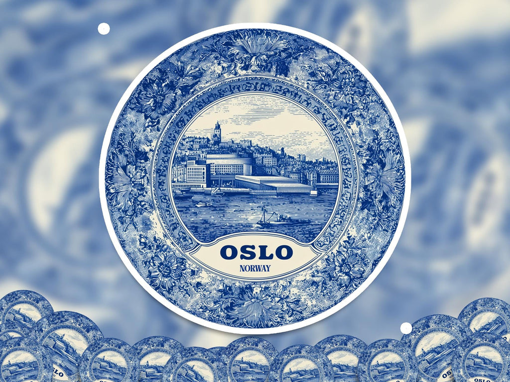 Oslo Norway Sticker Vintage Delft style, Delftware Decal Waterproof Vinyl, Blue City Travel