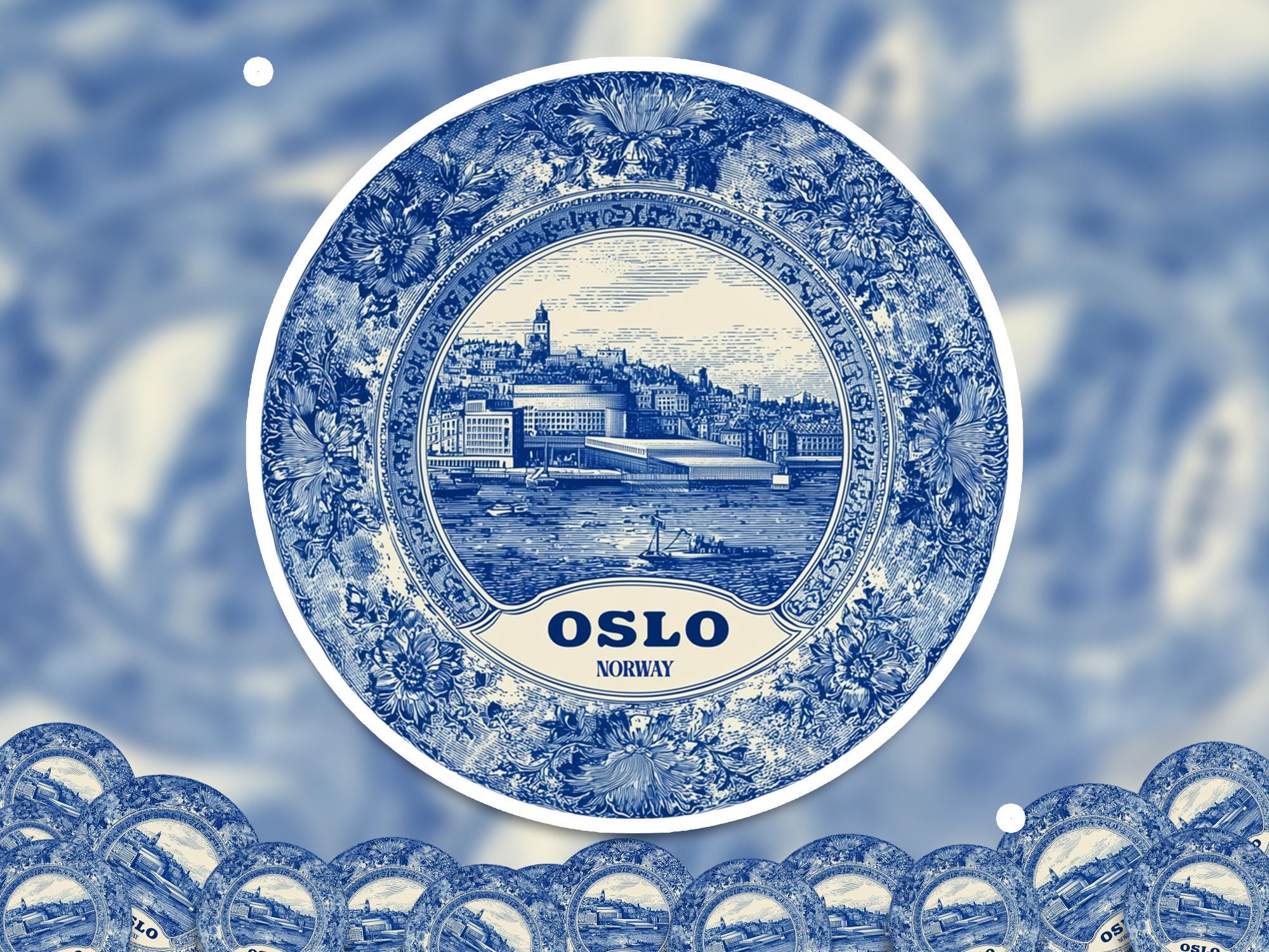 Oslo Norway Sticker Vintage Delft style, Delftware Decal Waterproof Vinyl, Blue City Travel
