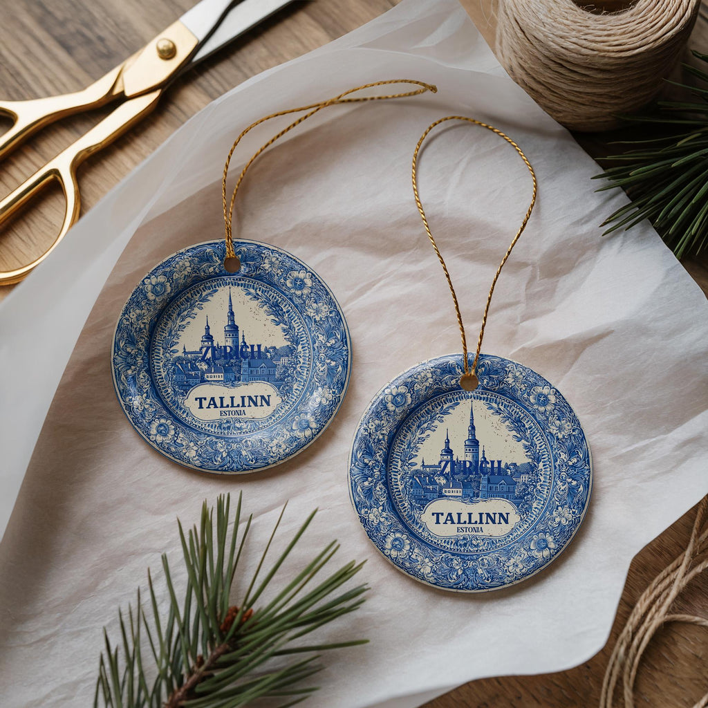 Custom Tallinn Estonia Ceramic Delft Ornament, Christmas Delftware Blue Delftware city travel