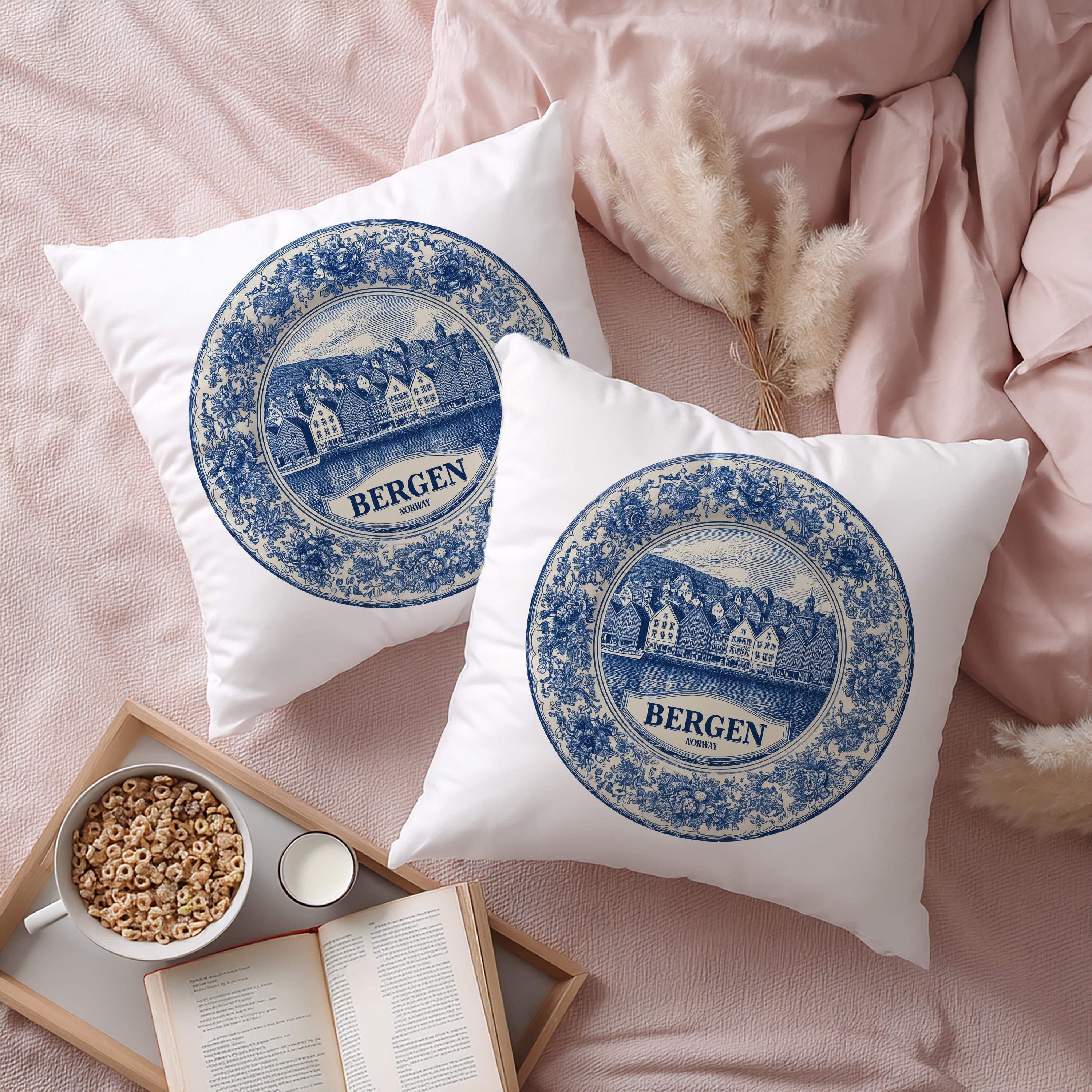 Bergen Norway Pillowcase, Delft Style Decorative Throw Pillow, Vintage Cityscape Retro Home Decor