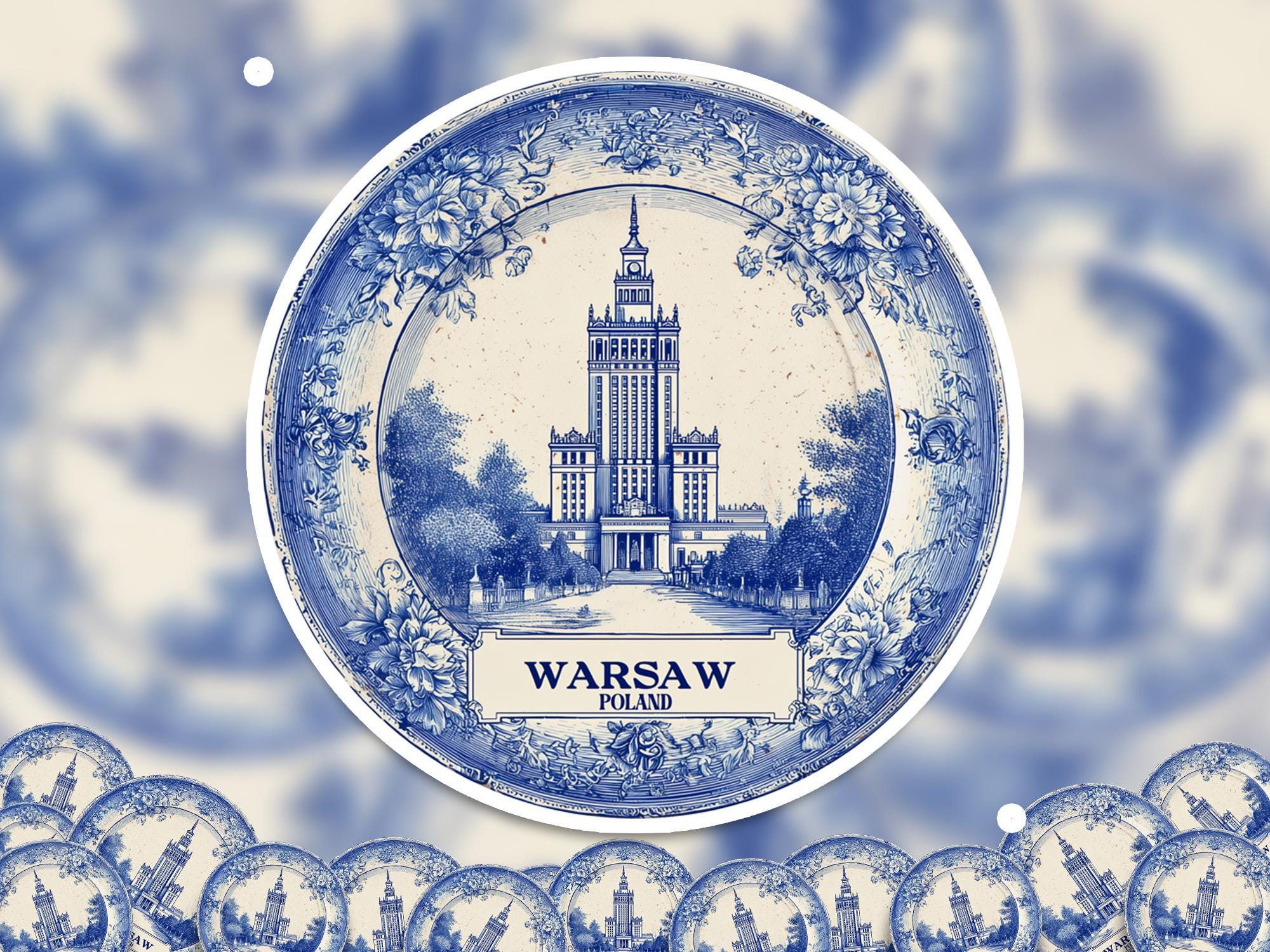 Warsaw Poland Sticker Vintage Delft style, Delftware Decal Waterproof Vinyl, Blue City Travel