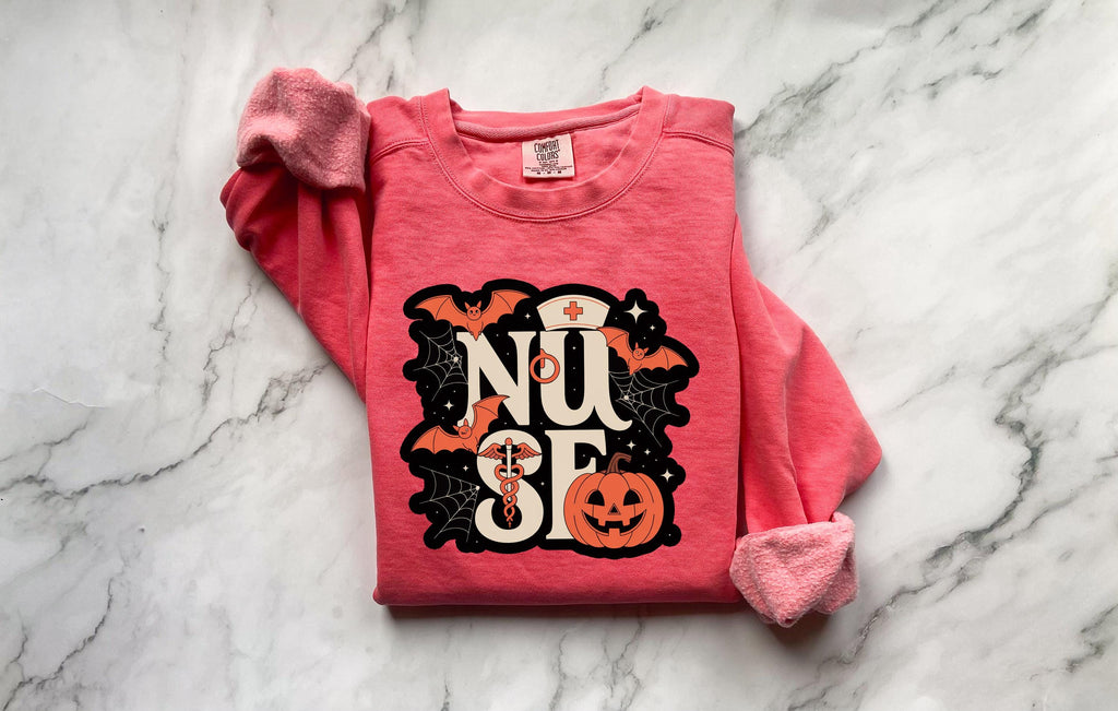 Halloween Nurse Comfort Colors Sweatshirt, Spooky RN Crewneck Pullover, Pumpkin Bat Ghost Print, Fall Nurse Gift Outfit