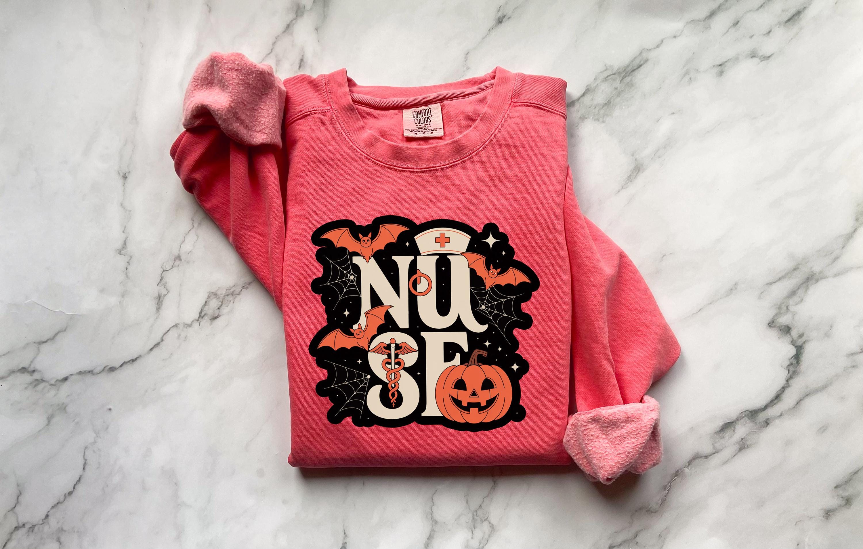 Halloween Nurse Comfort Colors Sweatshirt, Spooky RN Crewneck Pullover, Pumpkin Bat Ghost Print, Fall Nurse Gift Outfit