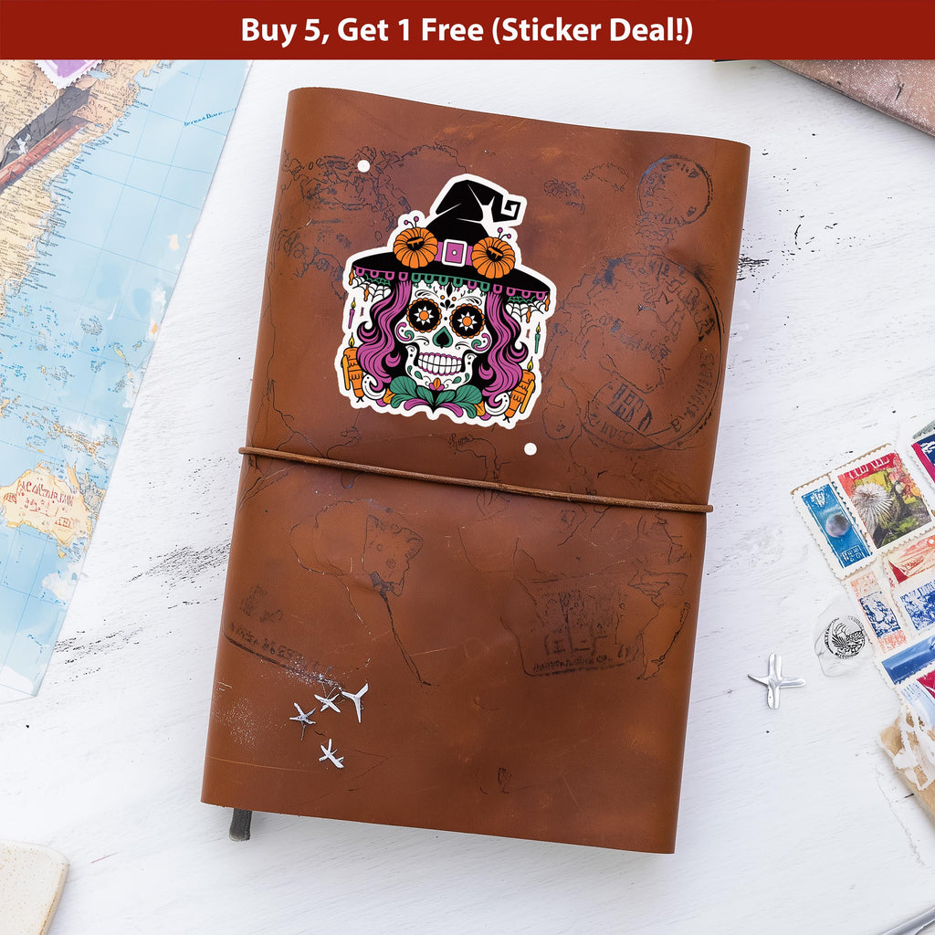 Sugar Skull Witch Sticker, Day of the Dead Halloween Decal, Floral Goth Vinyl