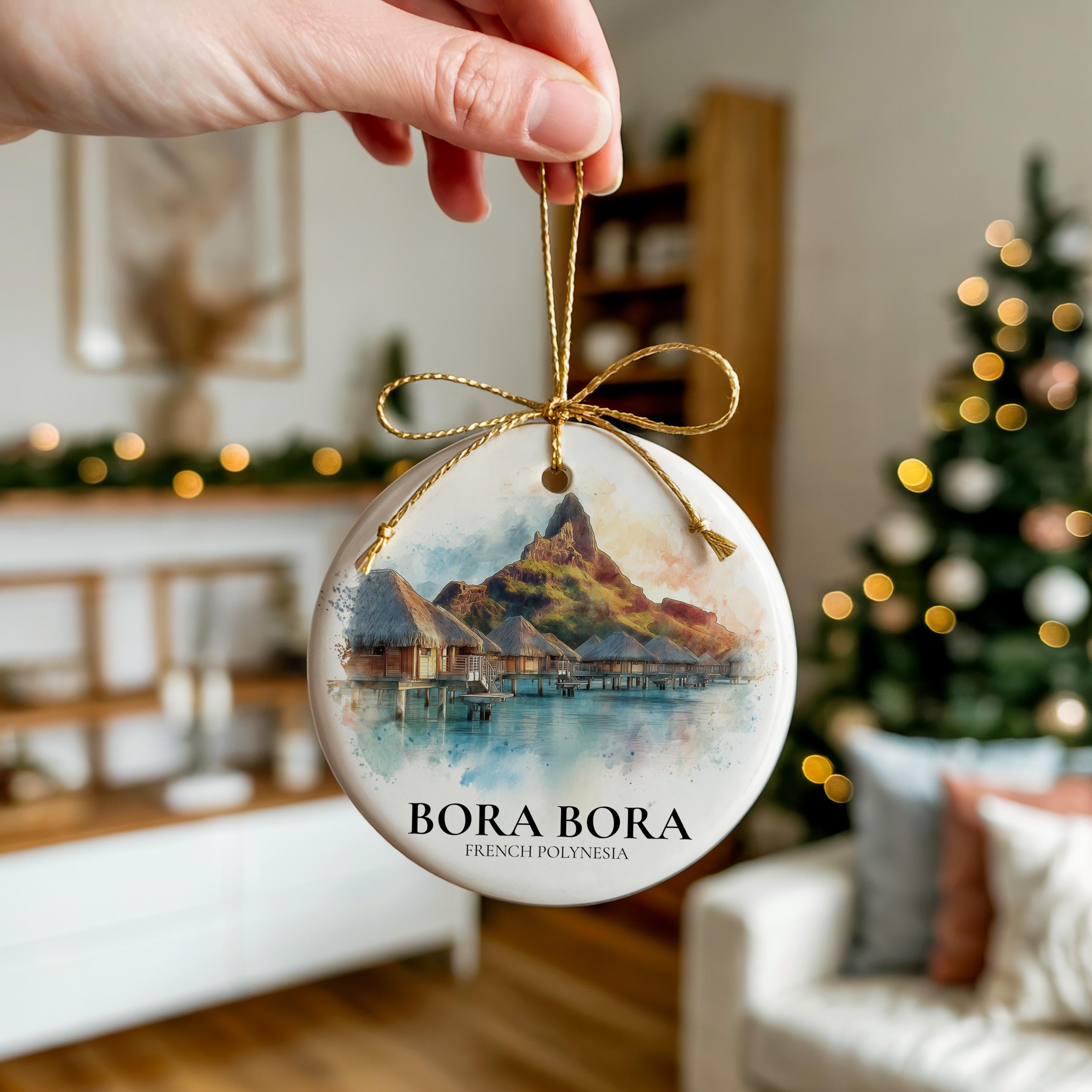 Bora Bora French Polynesia Personalized Watercolor Ornament, Custom Ceramic Christmas gift, Travel Keepsake