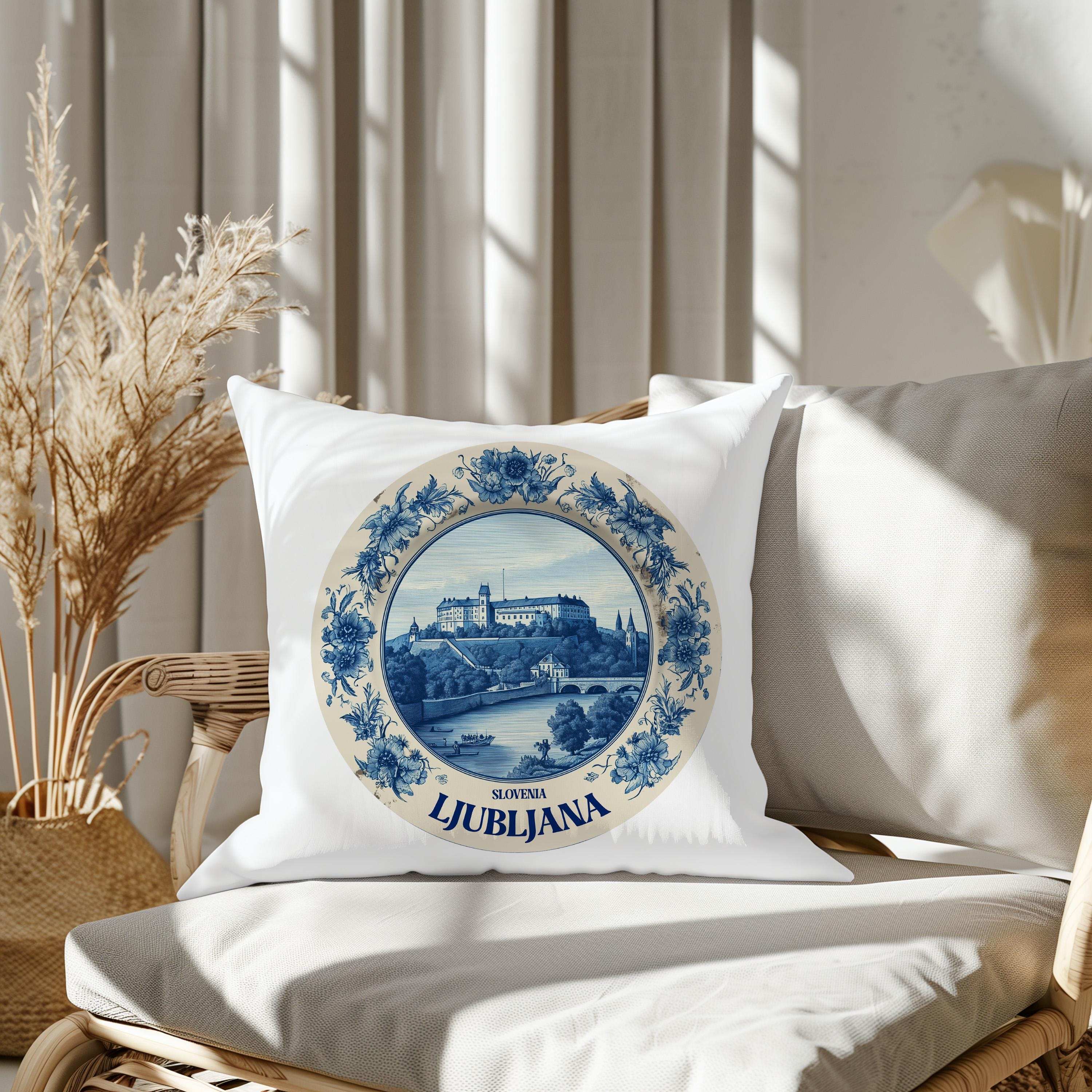 Ljubljana Slovenia Pillowcase, Delft Style Decorative Throw Pillow, Vintage Cityscape Retro Home Decor