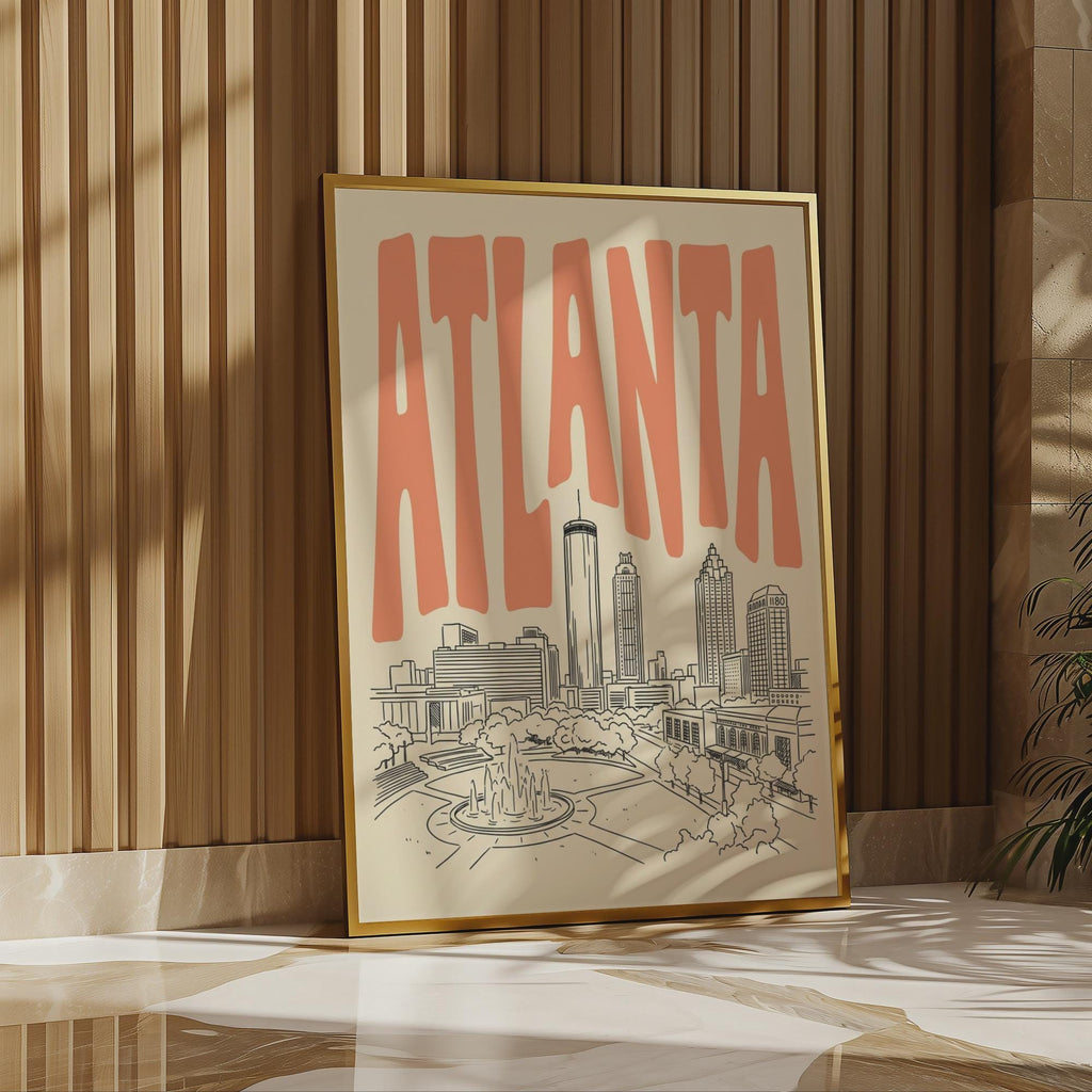 Atlanta Skyline Wall Art, Framed Canvas Print, Retro City Line Art Decor