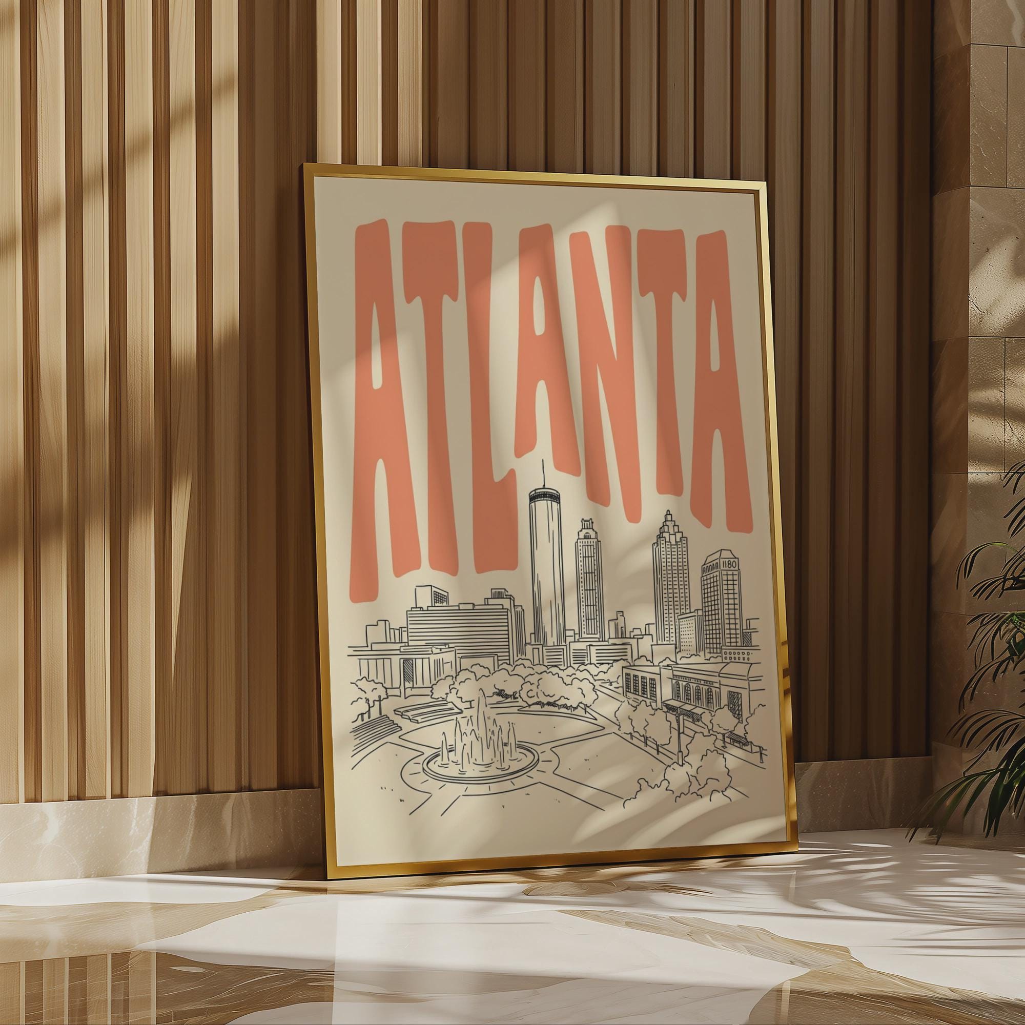Atlanta Skyline Wall Art, Framed Canvas Print, Retro City Line Art Decor
