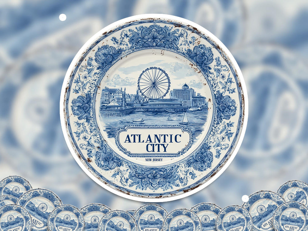 Atlantic City New Jersey Sticker Vintage Delft style, Delftware Decal Waterproof Vinyl, USA  Travel