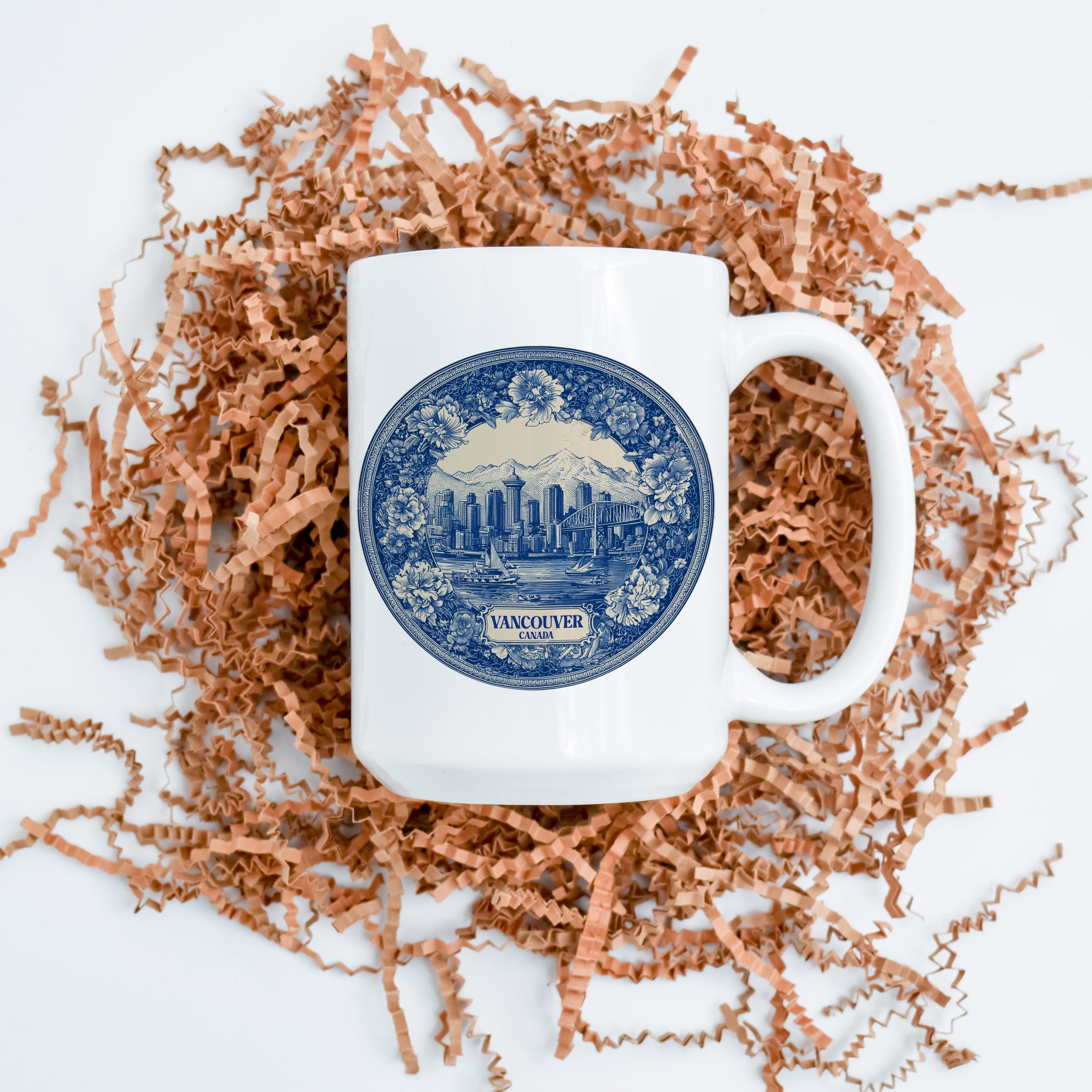 Vancouver Canada Mug, Custom Delft Style cup, Personalized Vintage Travel City Gift