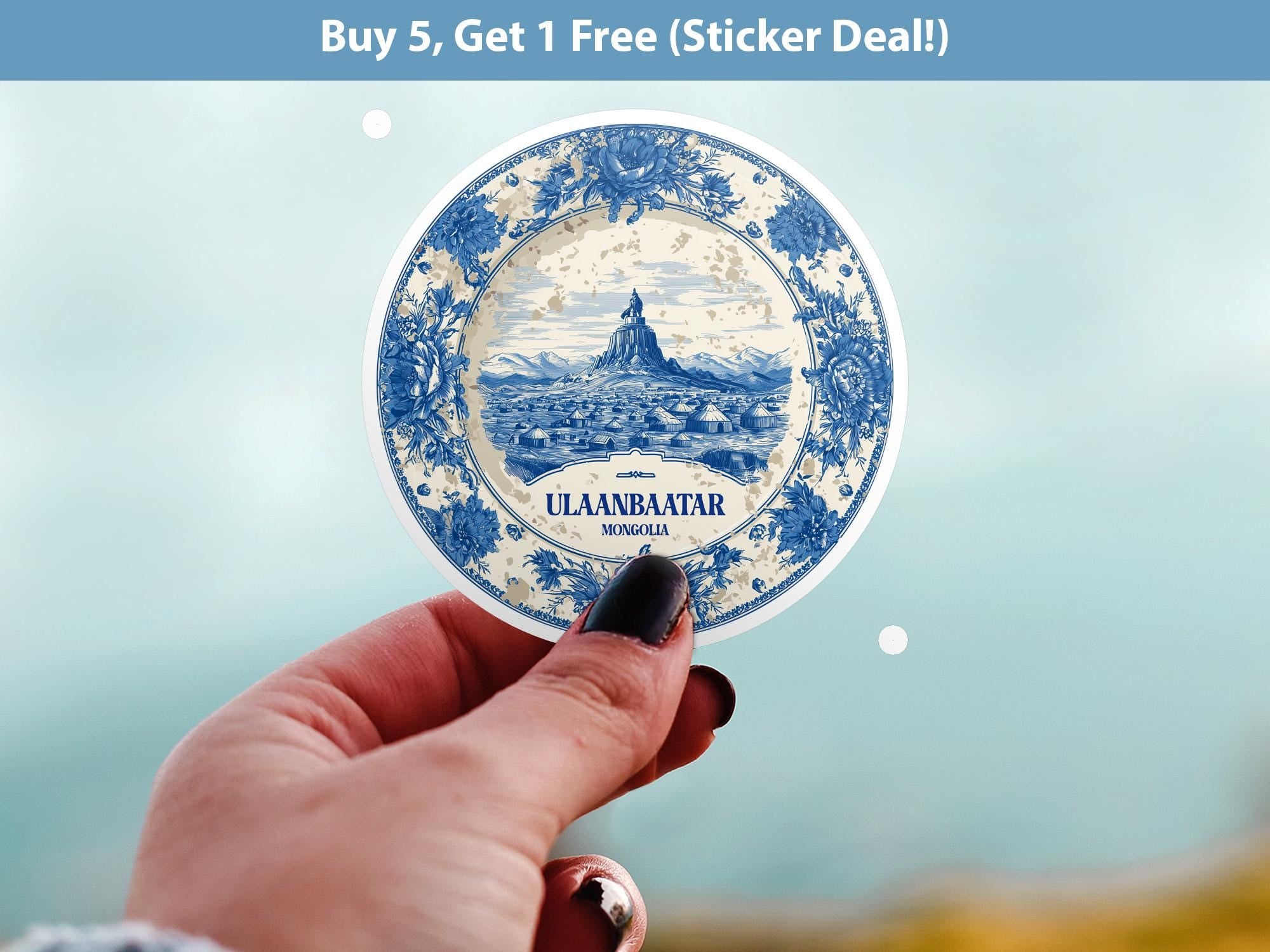 Ulaanbaatar Mongolia Sticker Vintage Delft style, Delftware Decal Waterproof Vinyl, Blue City Travel