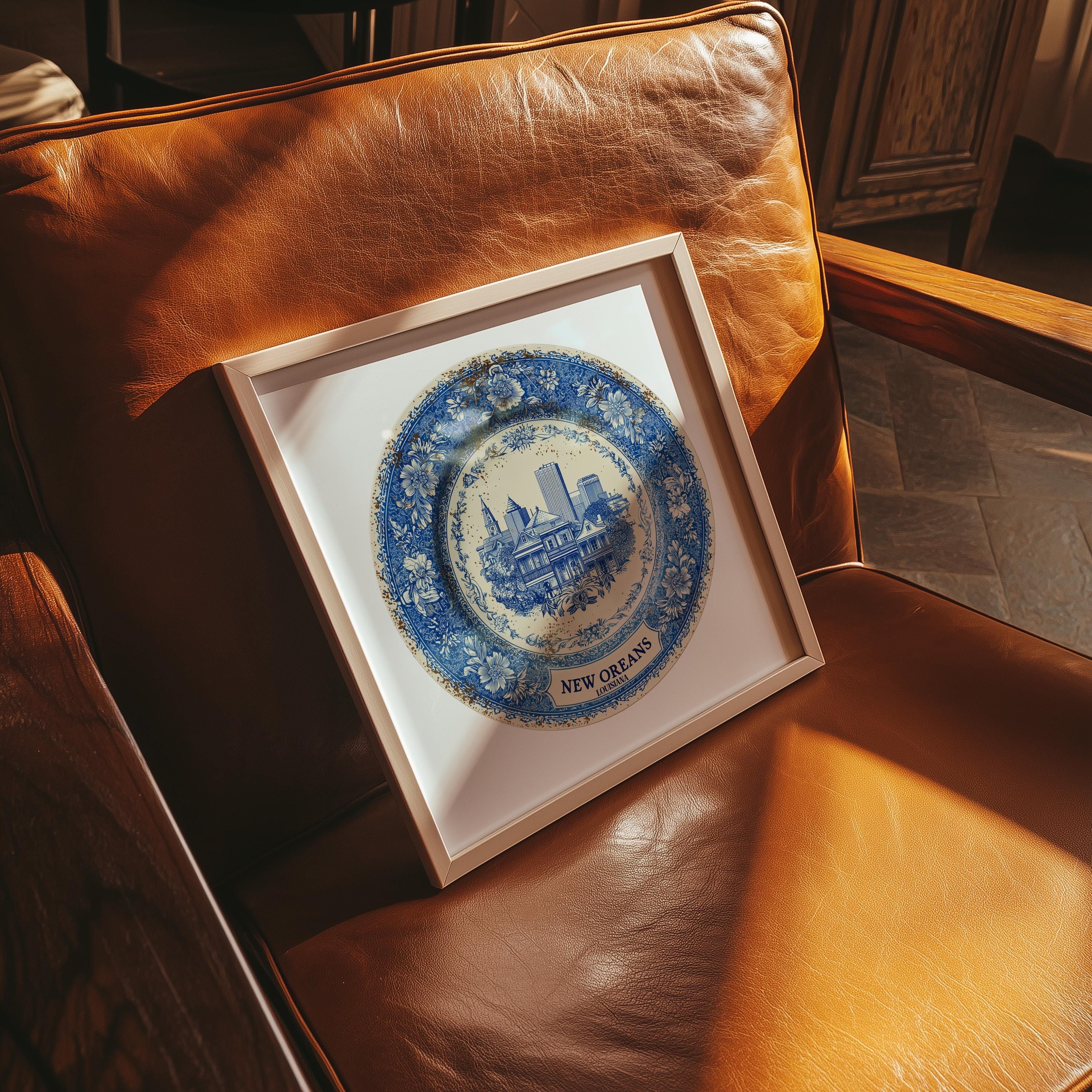 New Orleans Louisiana Wall Art, Vintage Delft Blue Poster, City Print, Travel Home Decor