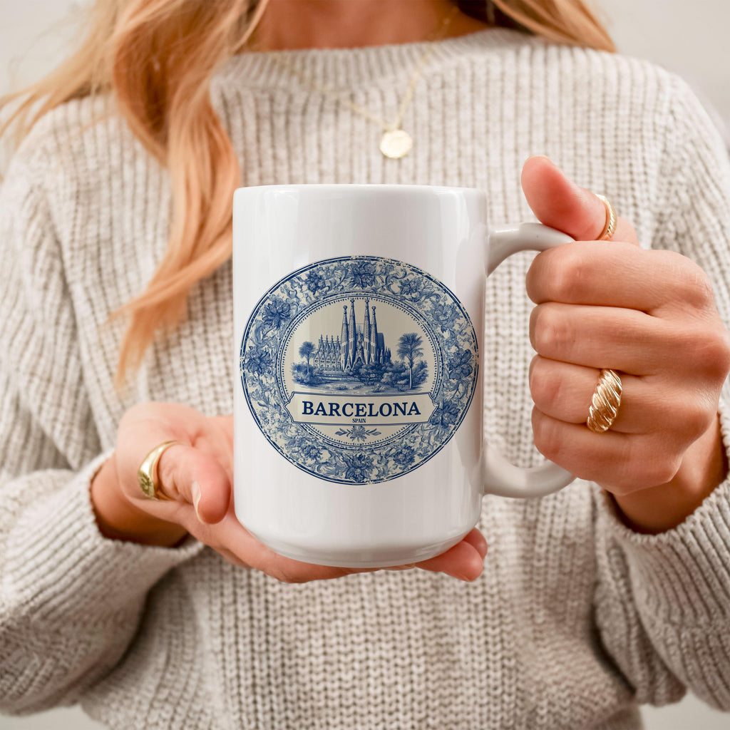Barcelona Spain Mug, Custom Delft Style cup, Personalized Vintage Travel City Gift