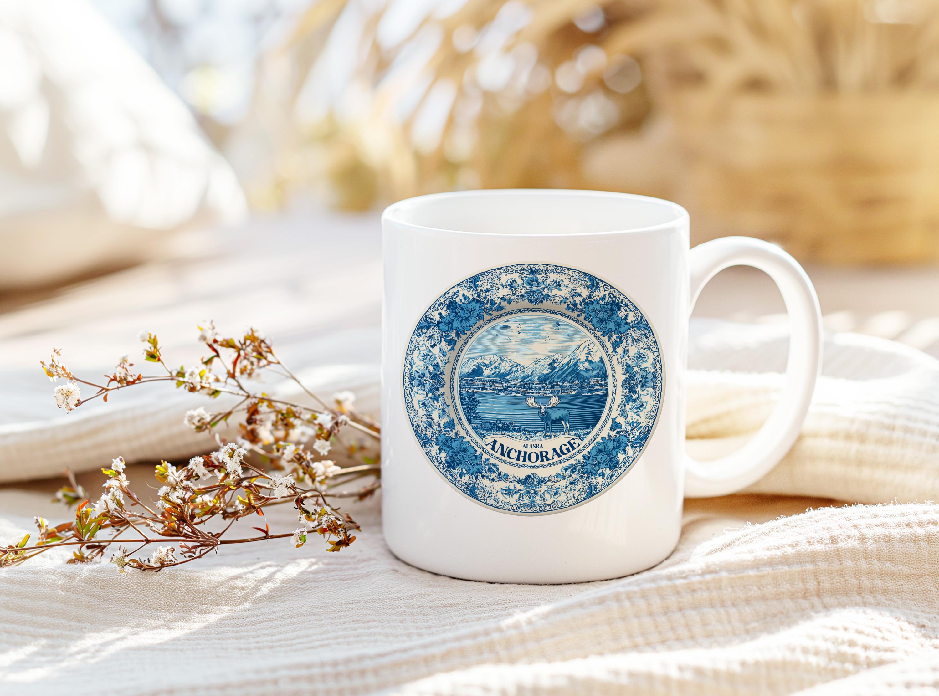 Anchorage Alaska Mug, Custom Delft Style cup, Personalized Vintage Travel City Gift