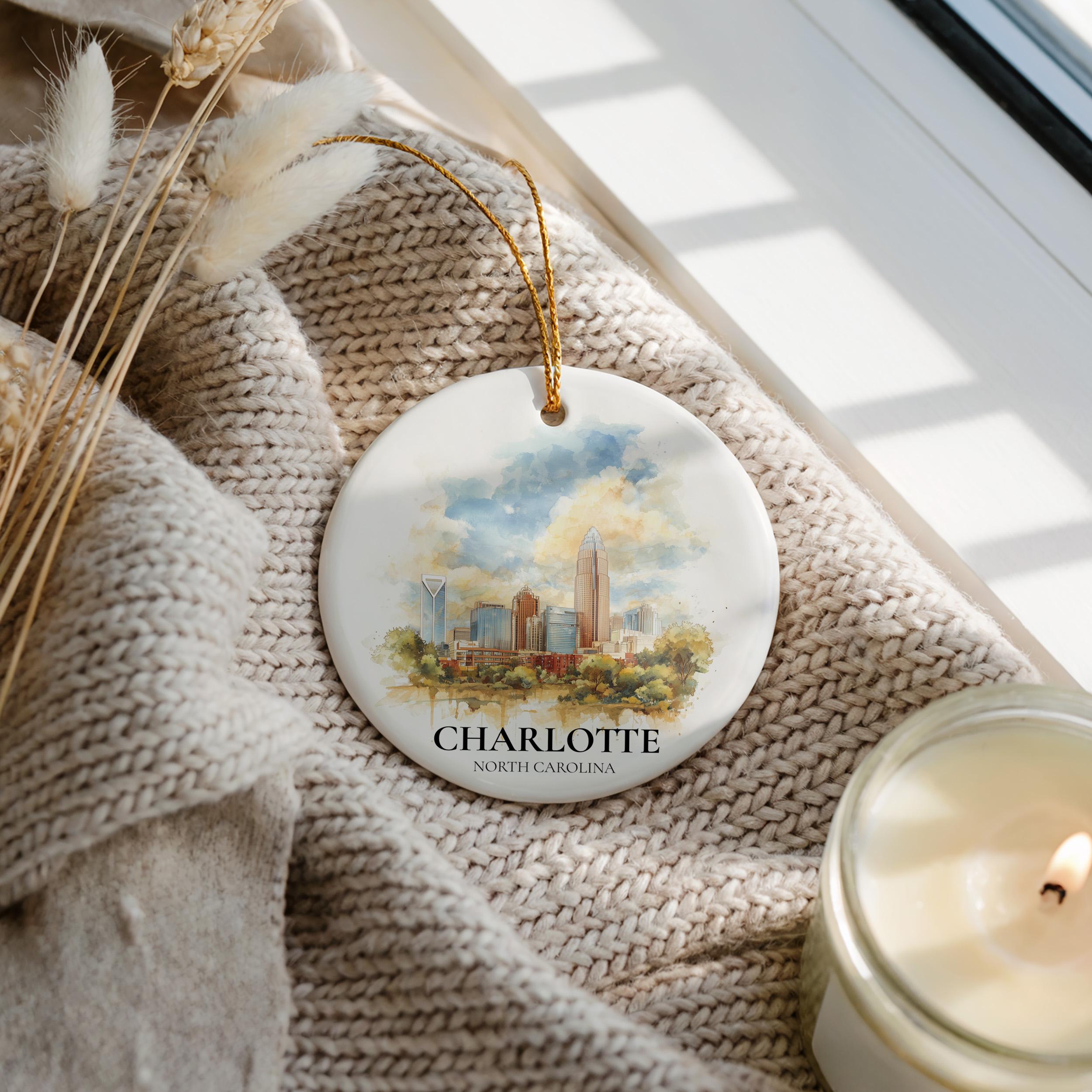 Charlotte Personalized Watercolor Ornament, North Carolina Custom Ceramic Christmas gift, Travel Keepsake