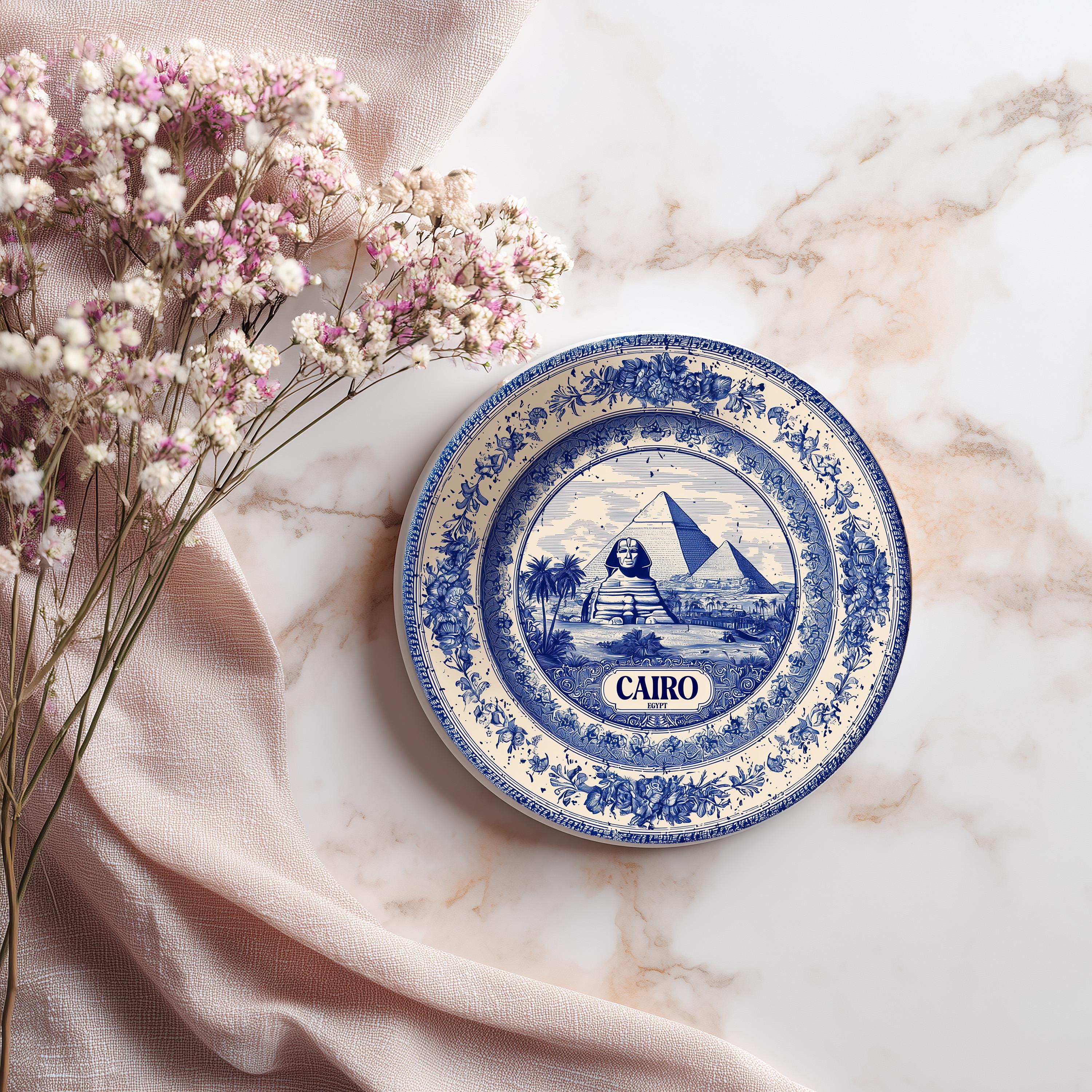 Cairo Egypt Delftware Ceramic Coaster, Blue White Travel Gift, Vintage Home Decor Collectible