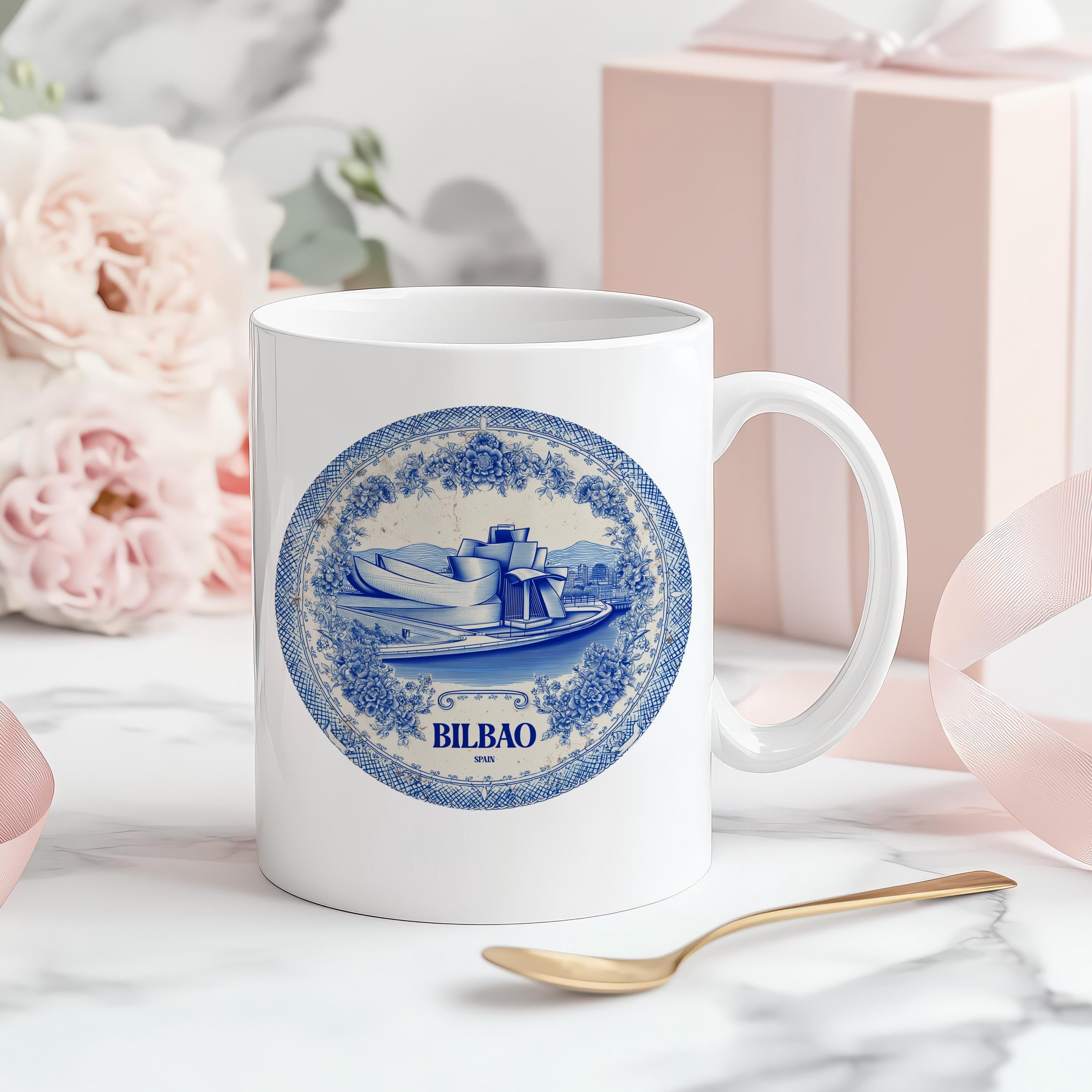 Bilbao Spain Mug, Custom Delft Style cup, Personalized Vintage Travel City Gift