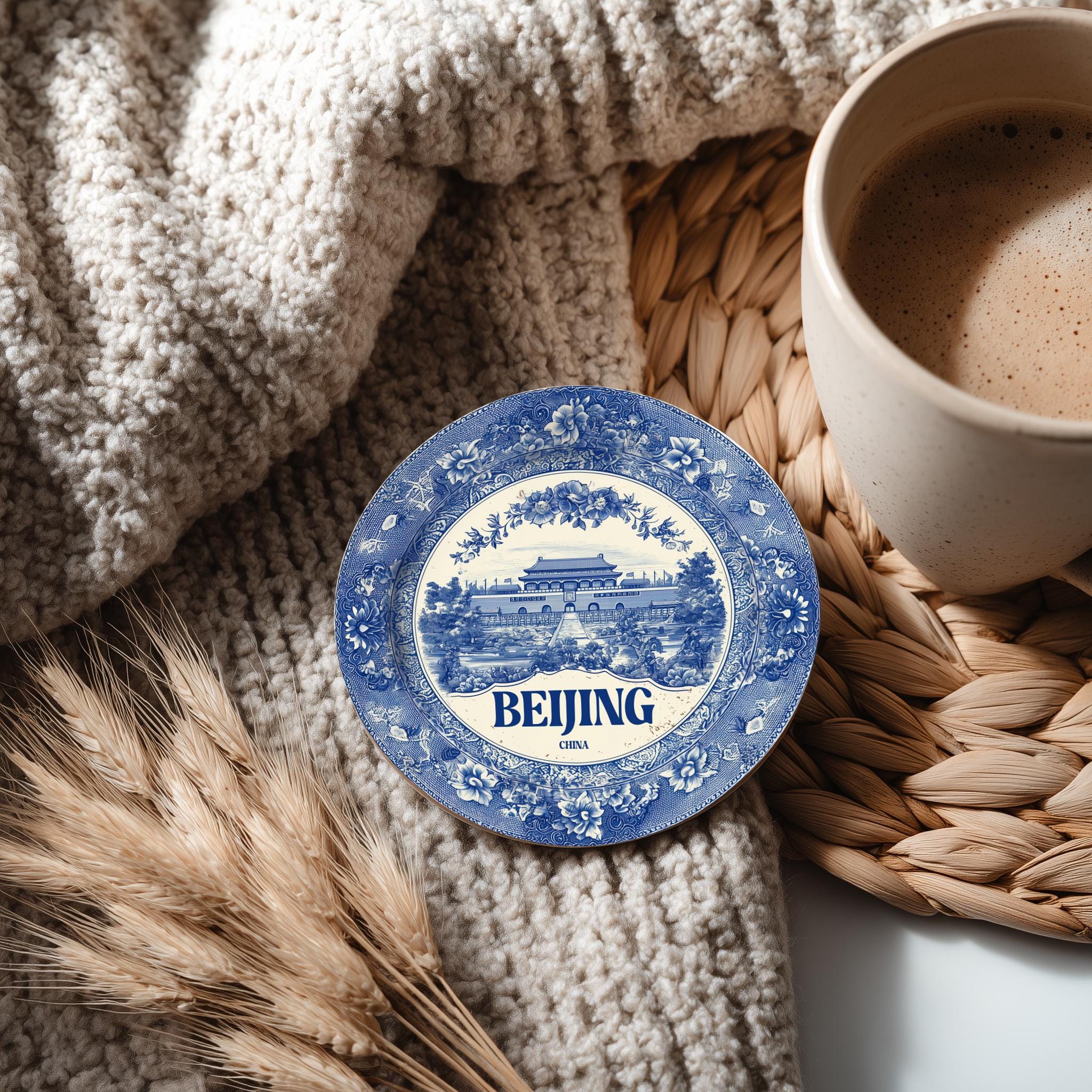 Beijing China Delftware Ceramic Coaster, Blue White Travel Gift, Vintage Home Decor Collectible - CuteBeePix